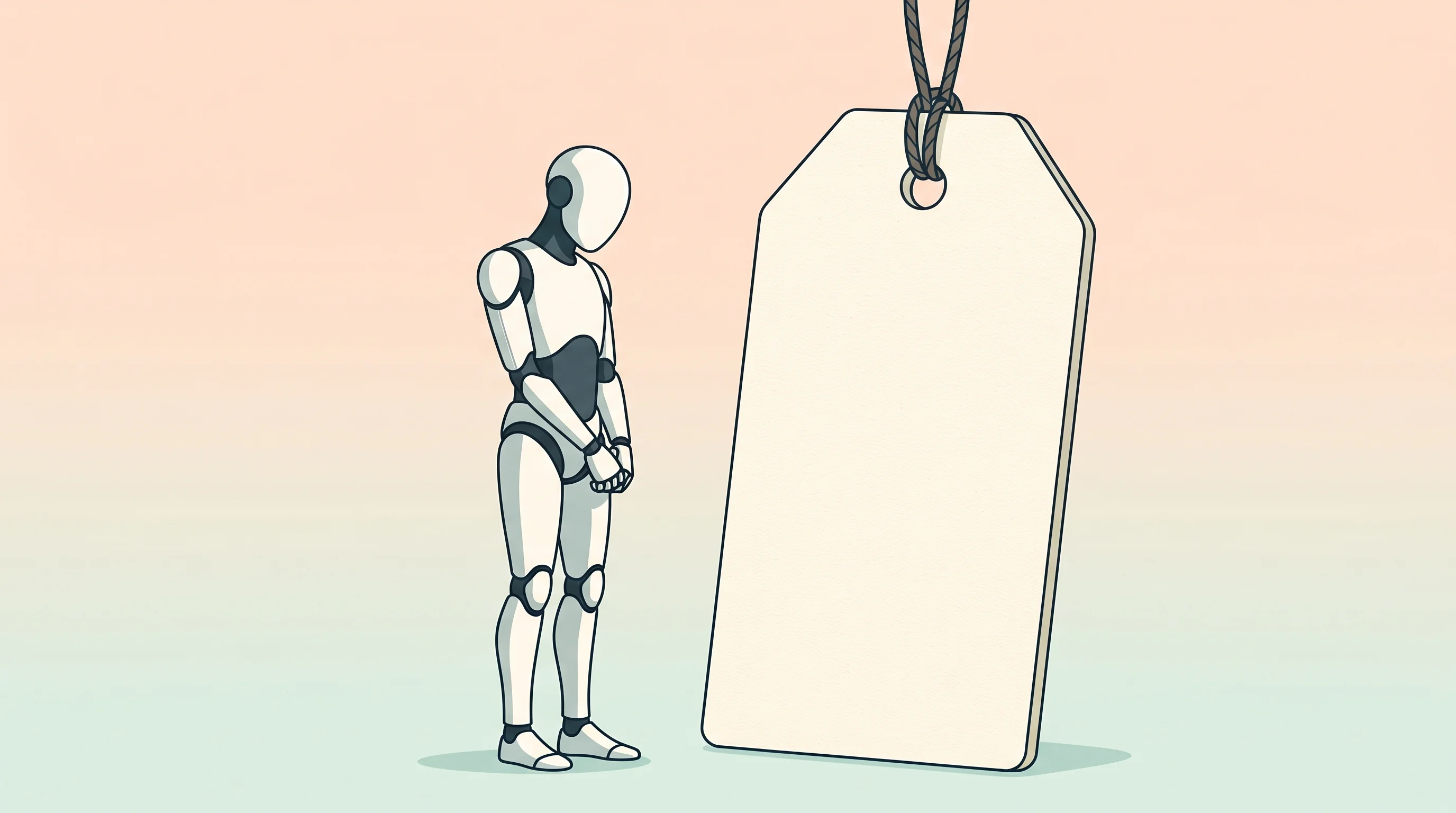 Digital illustration for article section "The Price Tag Problem" in "1X's NEO Hand Pushes Humanoid Robots Toward Commercial Viability" - A conceptual and minimalist illustration of a sleek, faceless modern humanoid robot standing hesitan...