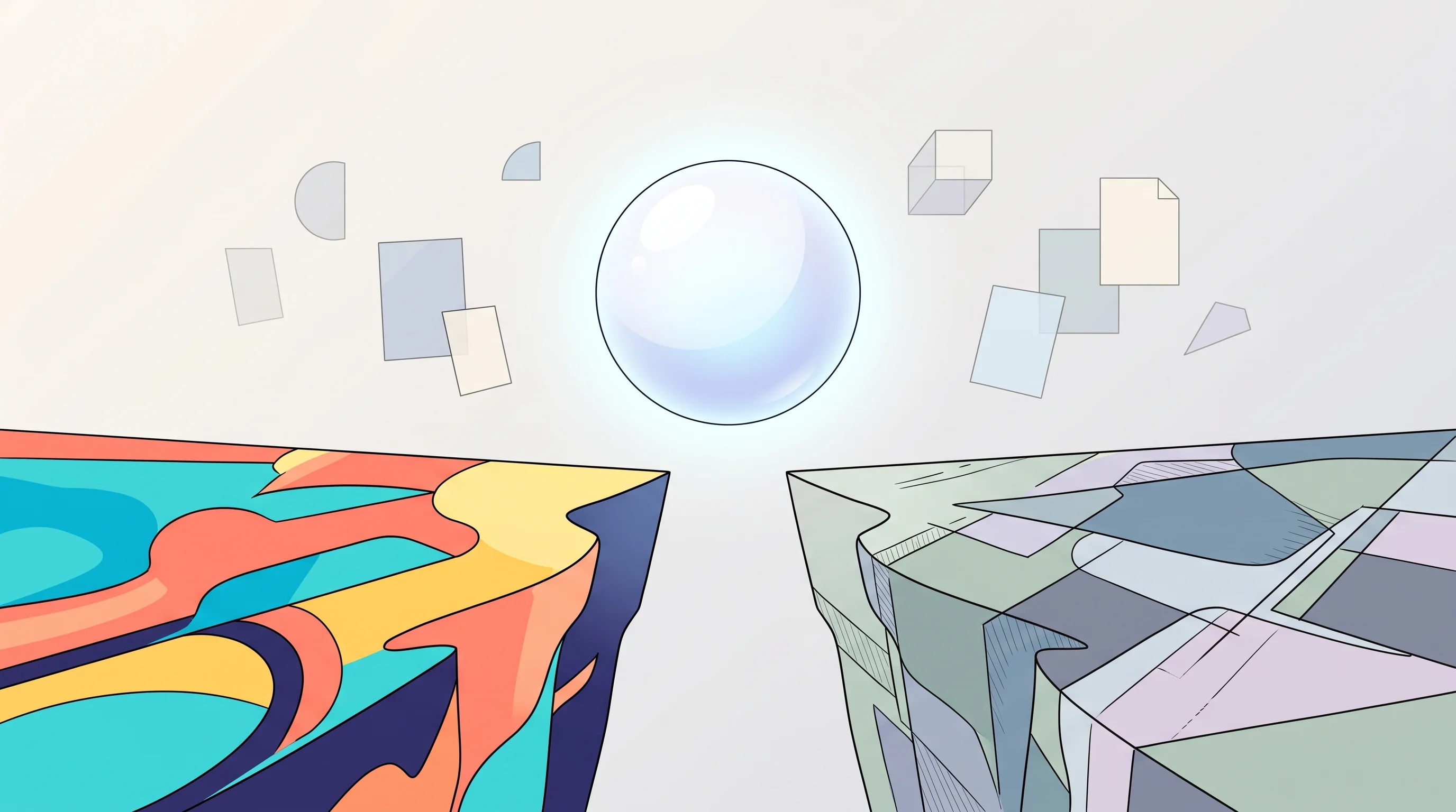 Digital illustration for article section "The Autonomy Gap That Won't Close Quietly" in "1X's NEO Hand Pushes Humanoid Robots Toward Commercial Viability" - A minimalist, conceptual illustration of a sleek, luminous "cognitive core" sphere hovering delicate...