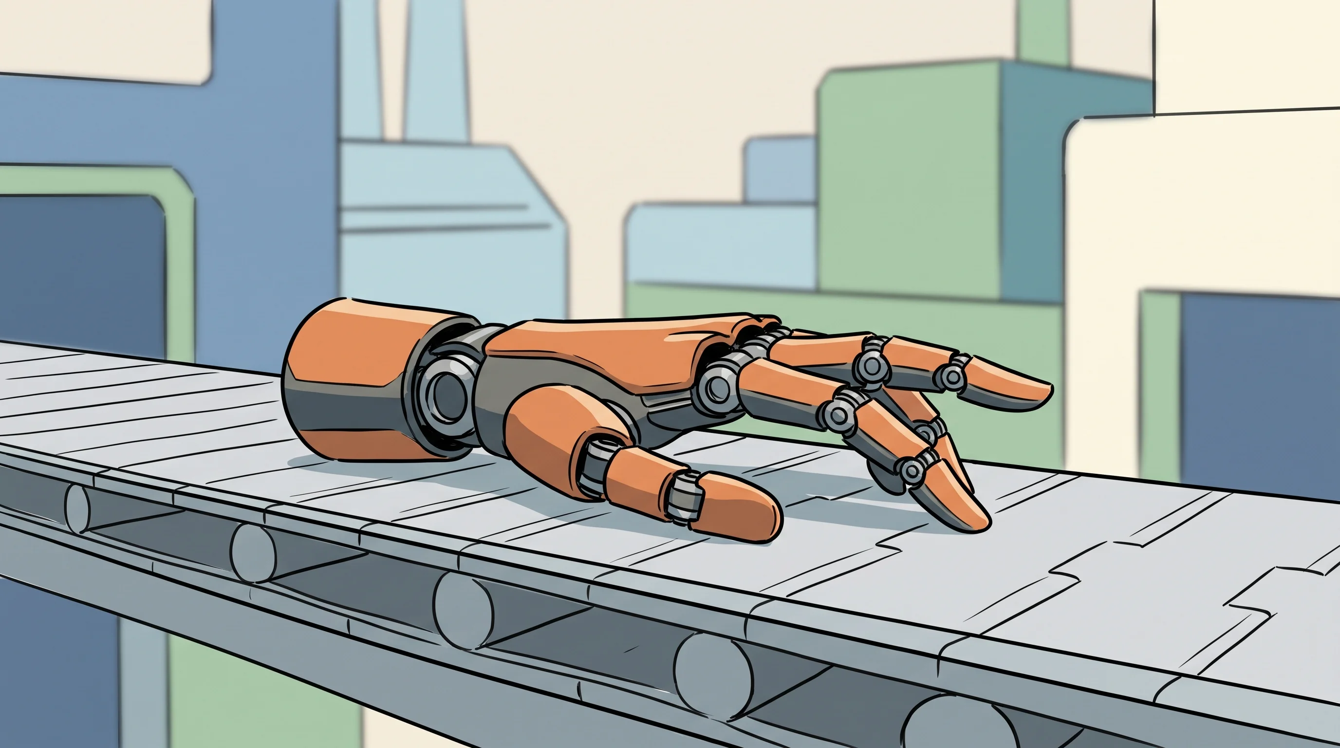 Digital illustration for article section "What Success Actually Looks Like" in "1X's NEO Hand Pushes Humanoid Robots Toward Commercial Viability" - A sleek, modern robotic hand resting on a minimalist, stylized production line conveyor belt, symbol...