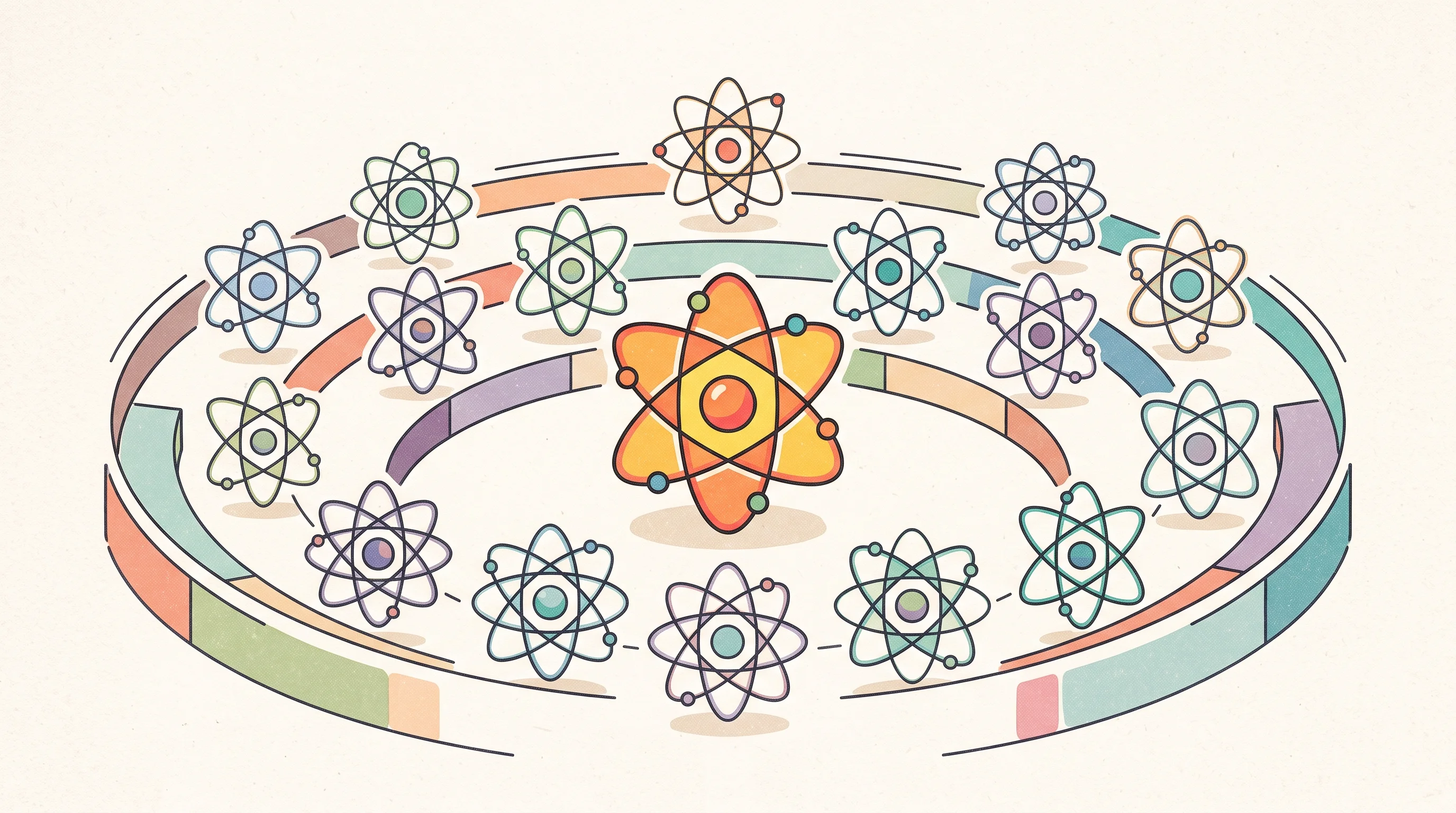 Digital illustration for article section "A Competitive, Crowded Arena" in "Oratomic Raises $300M Series A for Quantum Computing Breakthrough" - A conceptual and minimalist illustration representing a competitive, crowded arena of neutral-atom t...