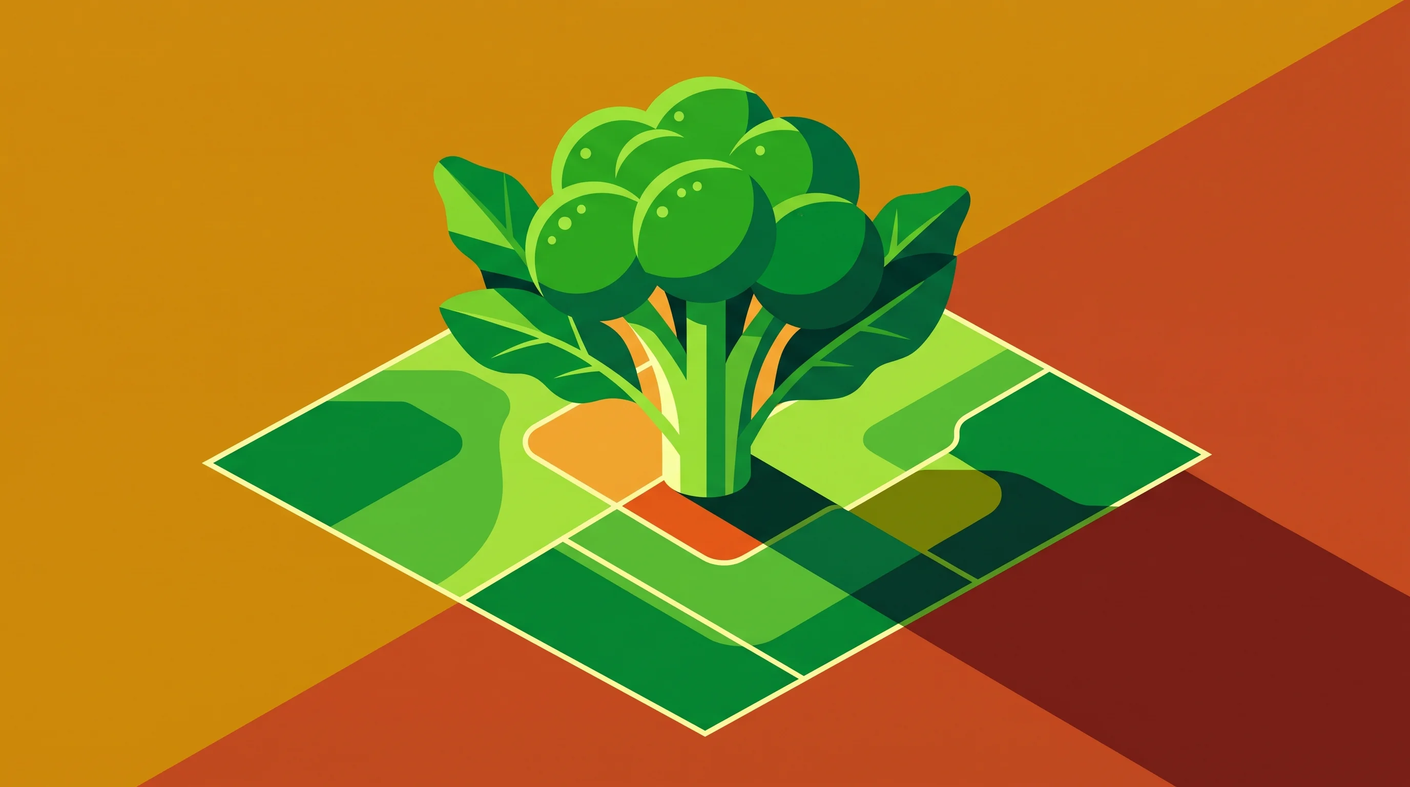 Digital illustration for article section "Beyond Greenhouse Vents" in "How a Non-Coder Runs 100-Hectare Farm Using OpenAI's Codex" - A geometric flat style illustration of a single, stylized vibrant green broccoli plant positioned el...