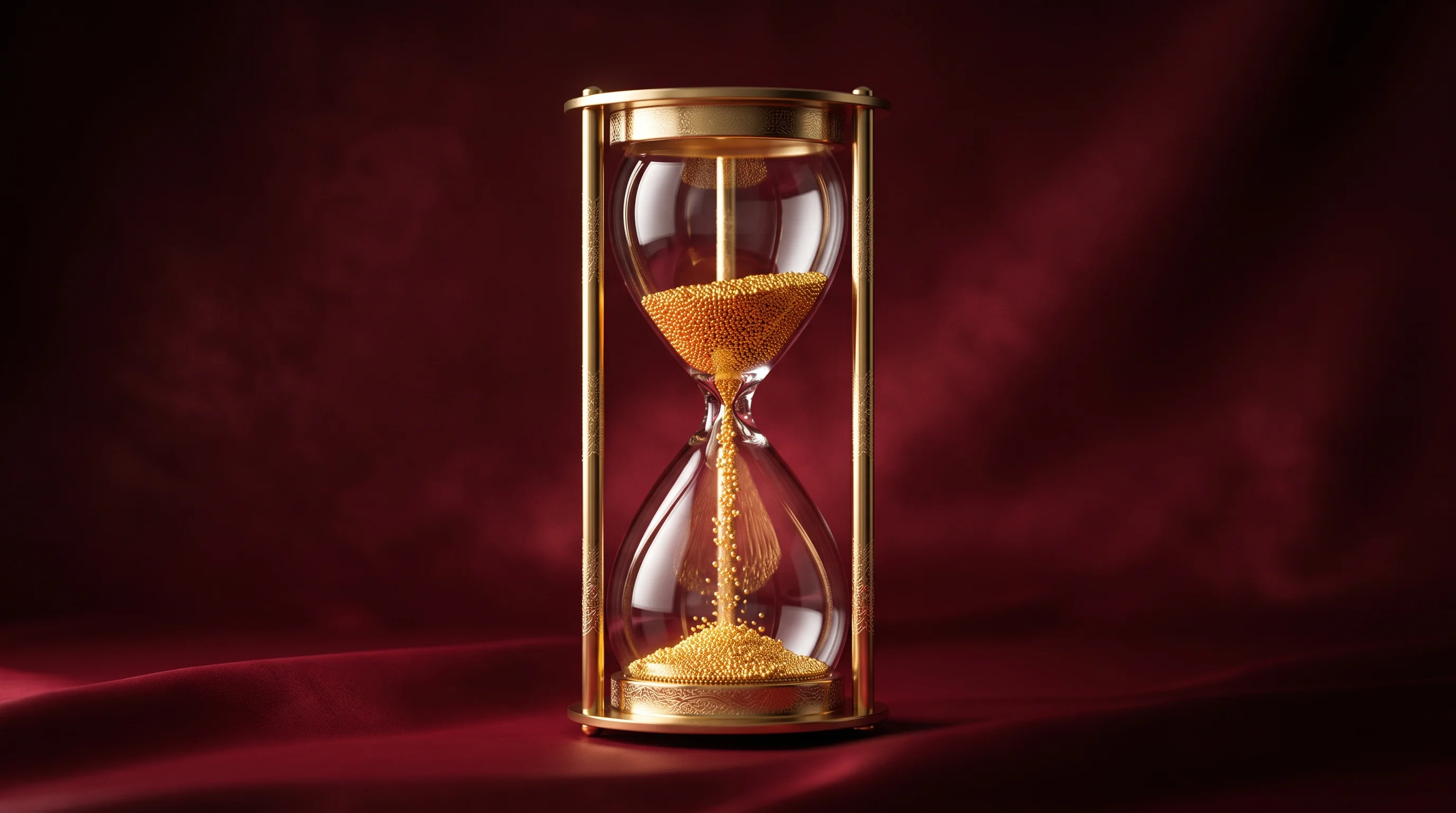 Digital illustration for article section "The Clock Is Running" in "How Direct tRNA Charging Measurement Could Fix Biotech's Yield Problem" - A sleek, modern minimalist hourglass serves as the striking central focal point, conceptually repres...