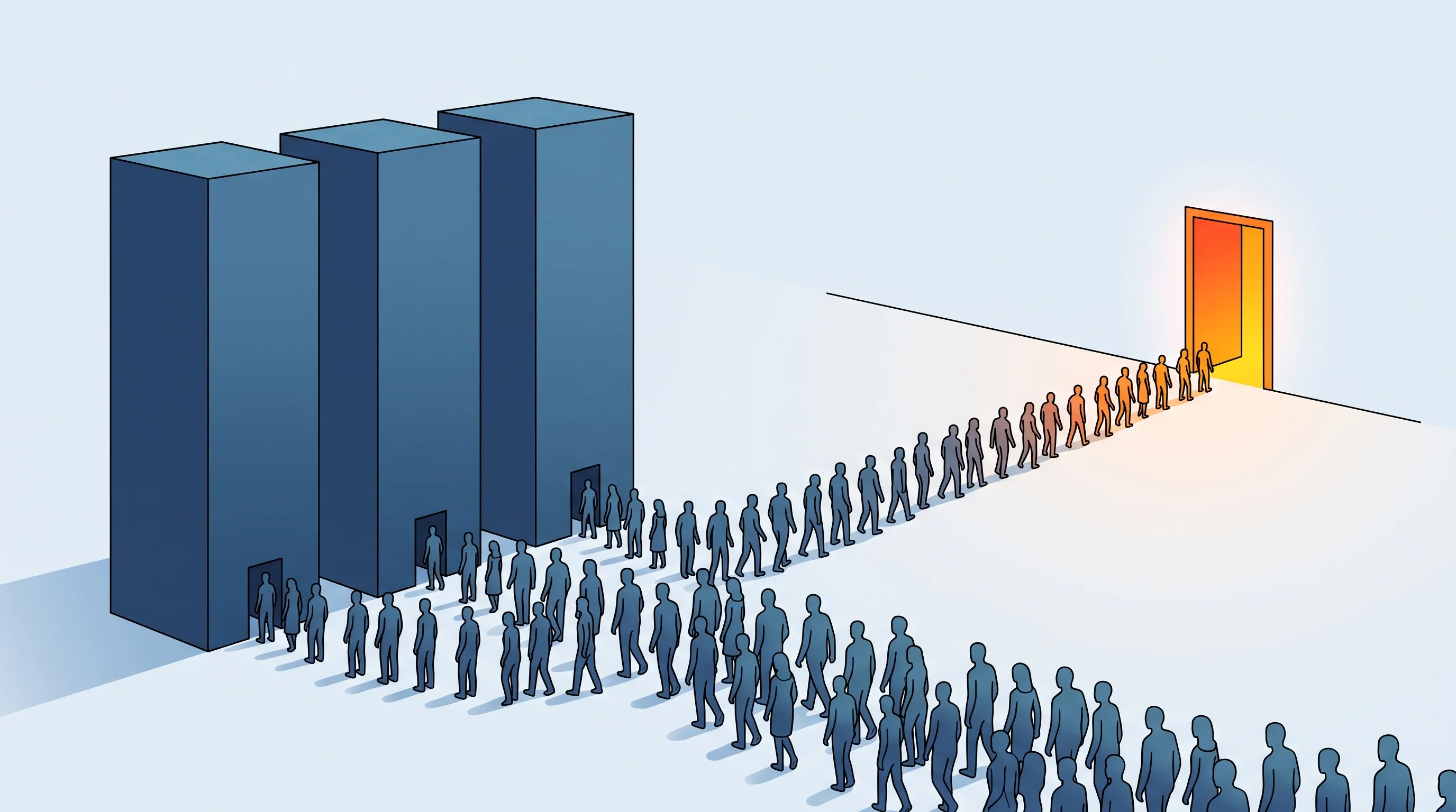 Digital illustration for article section "An Exodus, Not an Anomaly" in "IIT Grad Rejects $10M+ Meta Offer for Nvidia-Backed AI Startup" - A minimalist, conceptual illustration representing a massive industry exodus, depicting a continuous...