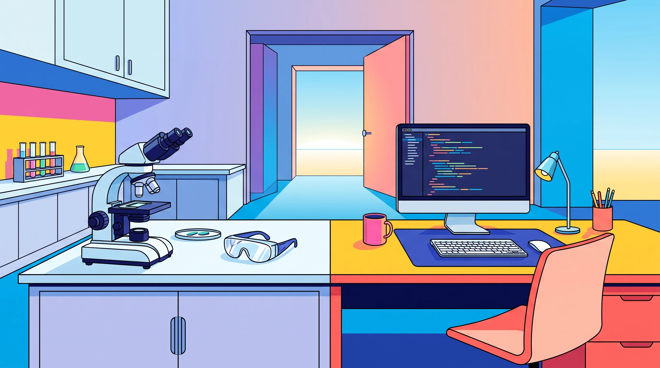 Digital illustration for article section "What Lies Ahead" in "IIT Grad Rejects $10M+ Meta Offer for Nvidia-Backed AI Startup" - A clean, minimal Ligne Claire illustration of a modern, forward-looking workspace symbolizing compan...