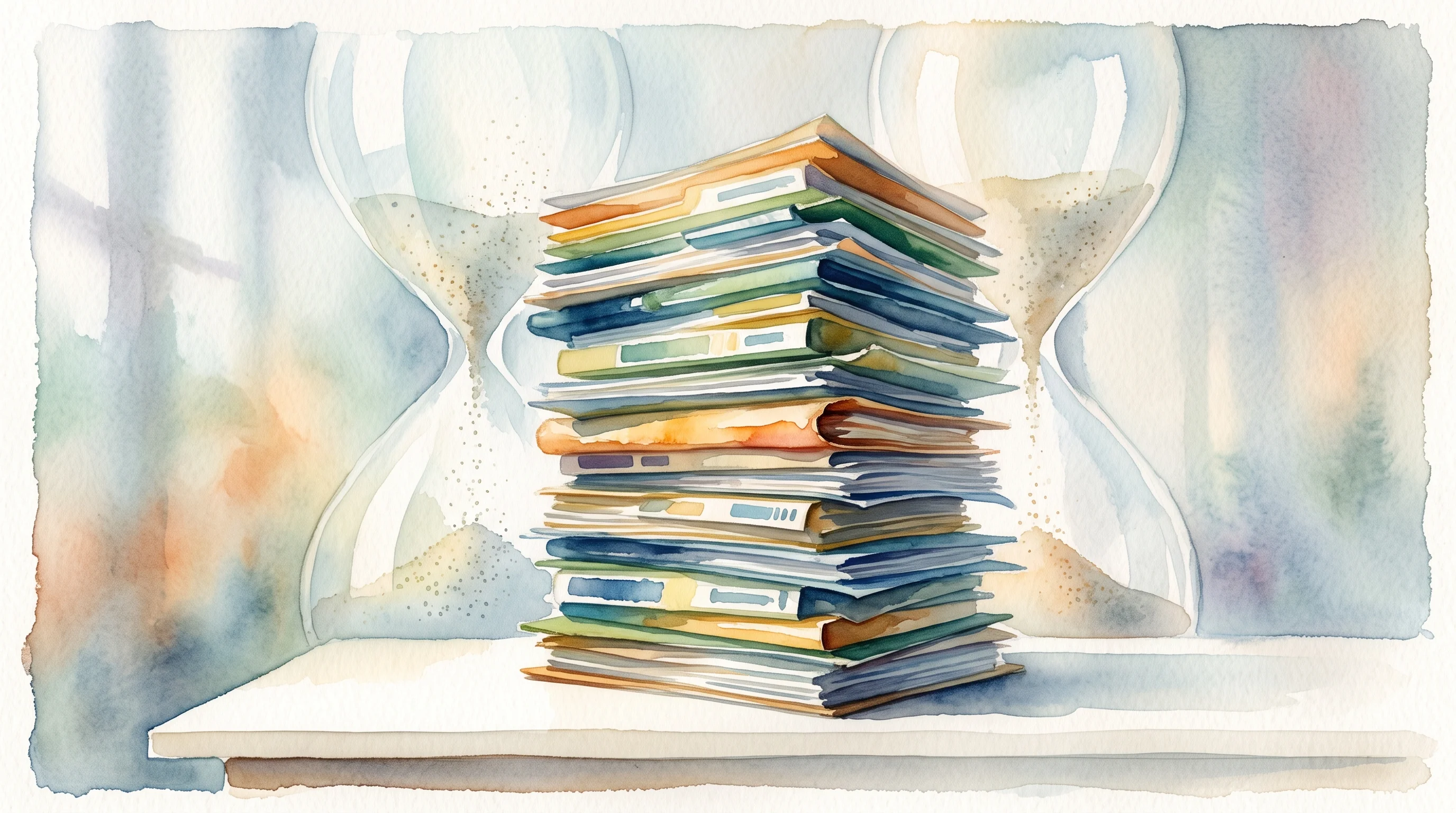 Digital illustration for article section "The Deadlines Are Real. The Moats Are Not." in "UK Carbon Compliance Market Heats Up as 2027 Deadlines Loom" - A towering, slightly surreal stack of compliance documents and energy audit folders resting on a cle...