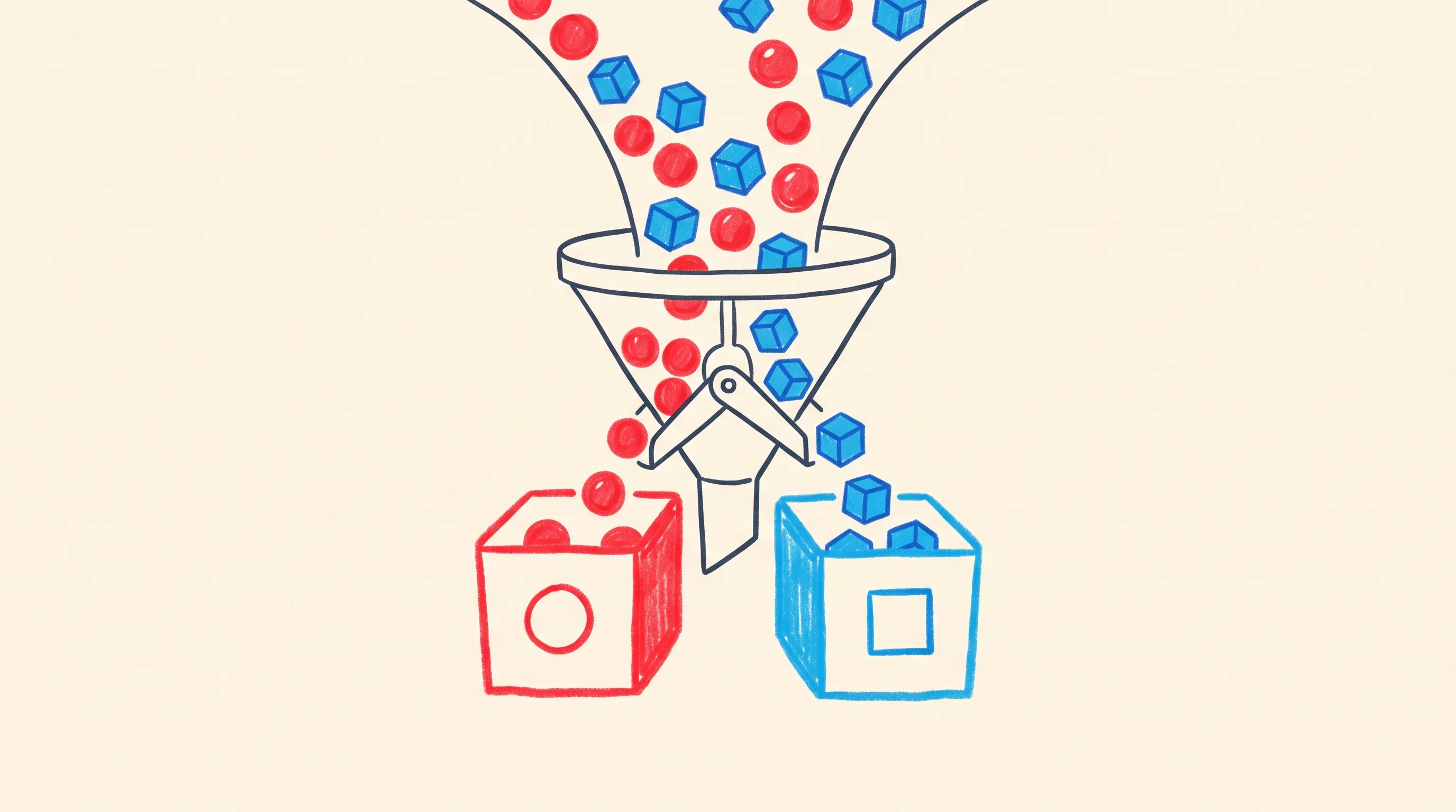 Digital illustration for article section "Content Section 3" in "YC-Backed Instance Tackles Robot Learning's Data Quality Crisis" - A clean, minimalist conceptual illustration of a single automated sorting mechanism, such as a simpl...