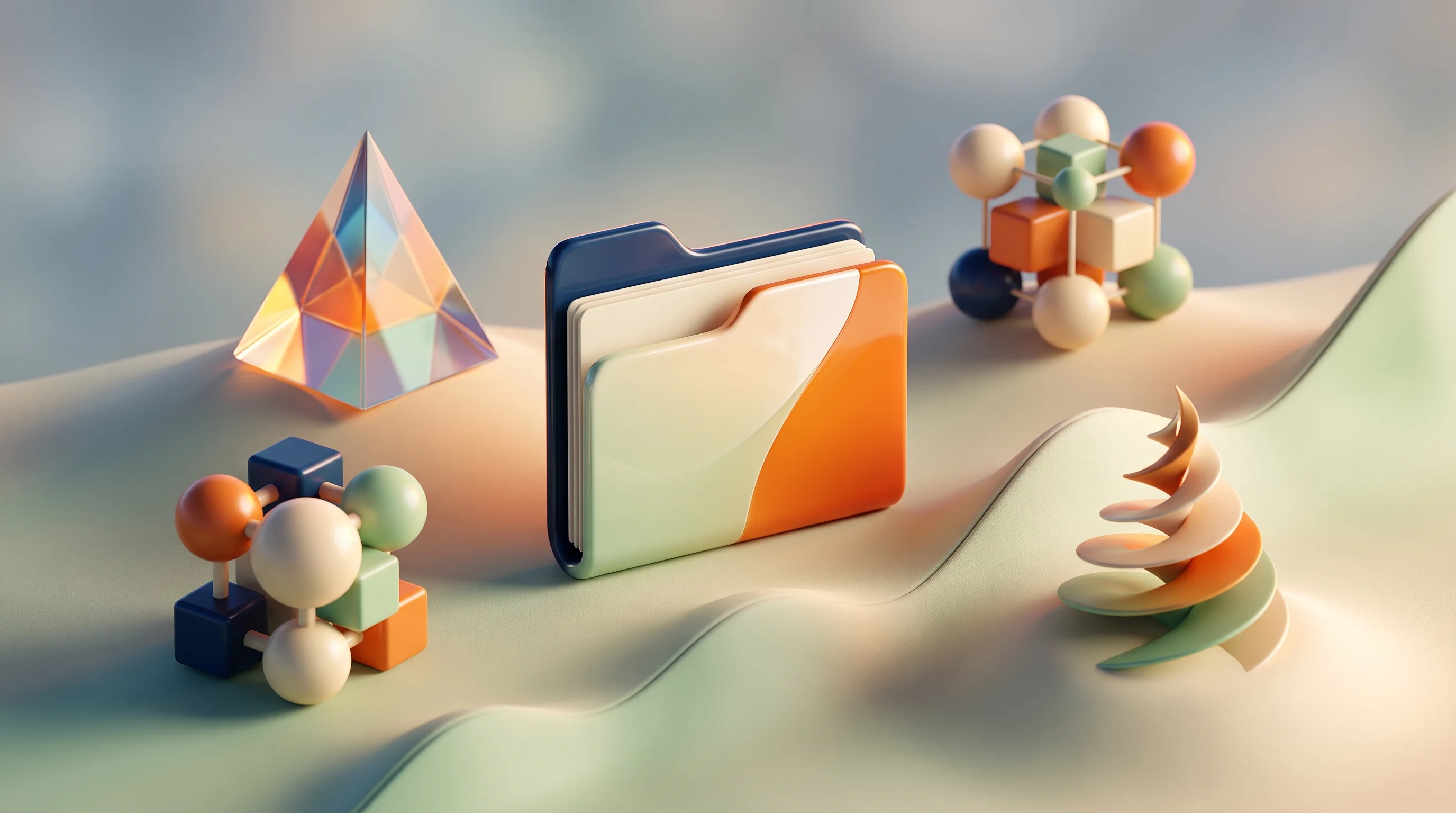 Digital illustration for article section "A Familiar Landscape" in "OpenTrade Brings Tinder-Style Swipes to AI-Powered Investing" - A clean, minimal hyperreal 3D rendered conceptual scene representing the familiar landscape of AI an...