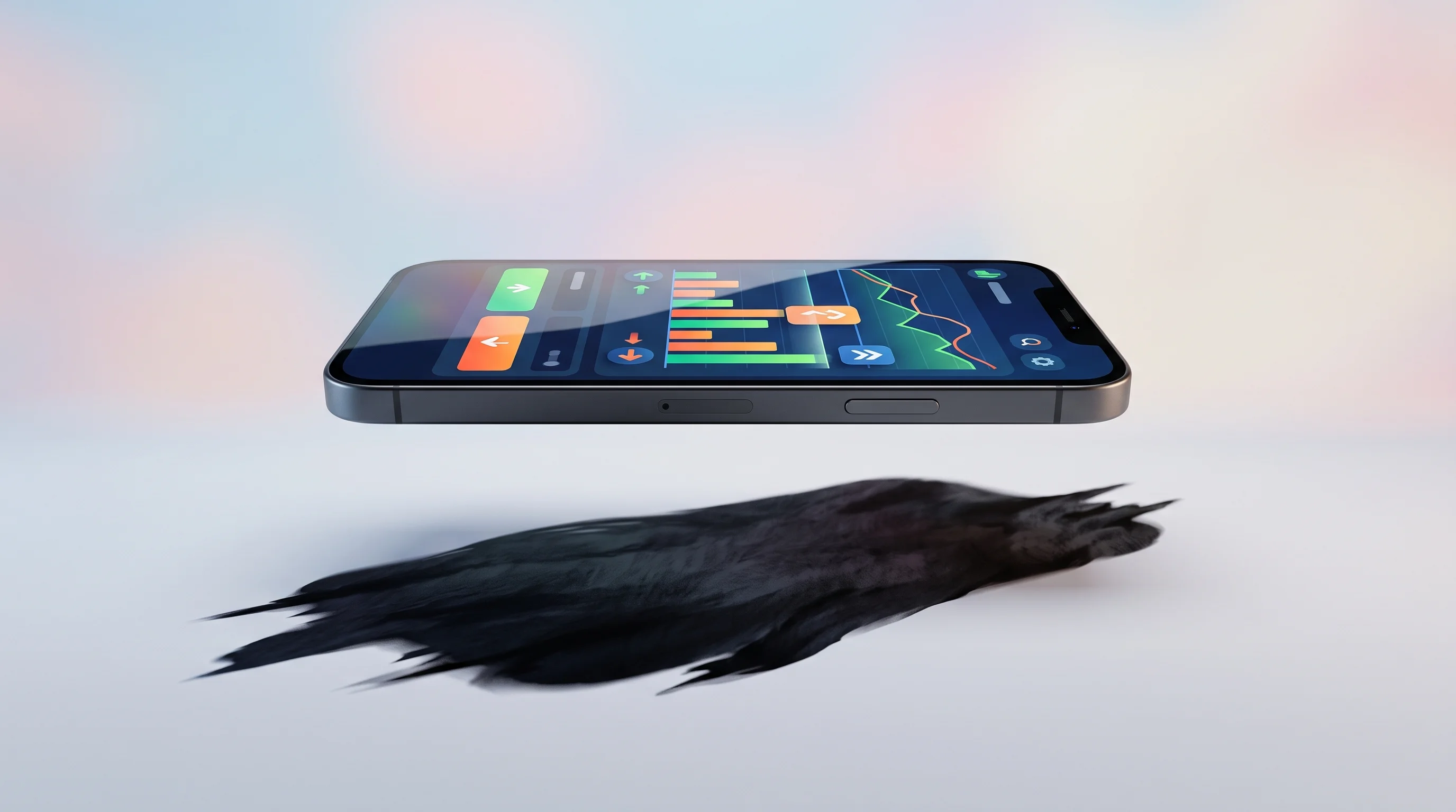 Digital illustration for article section "The Gamification Shadow" in "OpenTrade Brings Tinder-Style Swipes to AI-Powered Investing" - A sleek, minimalist smartphone floating in mid-air against a soft, uncluttered pastel background, di...