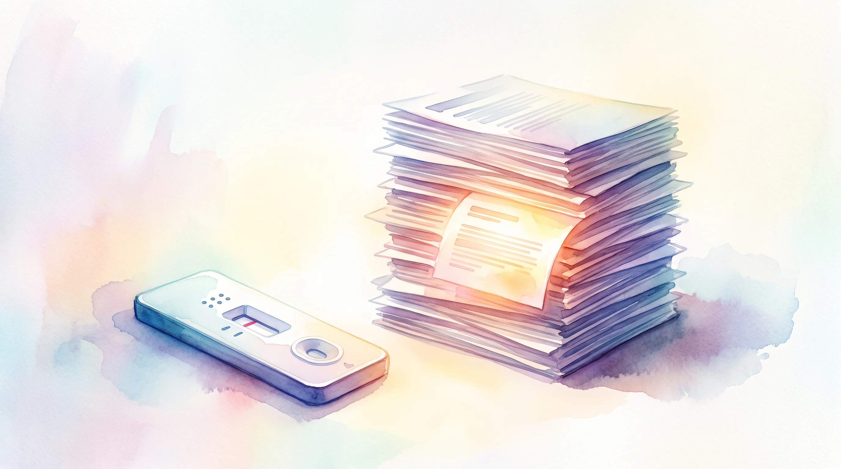Digital illustration for article section "The imaware Test Case" in "SuperTruth Publishes Data Trust Index to Score AI Training Data Quality" - A clean, minimal composition featuring a modern at-home medical diagnostic test kit resting graceful...