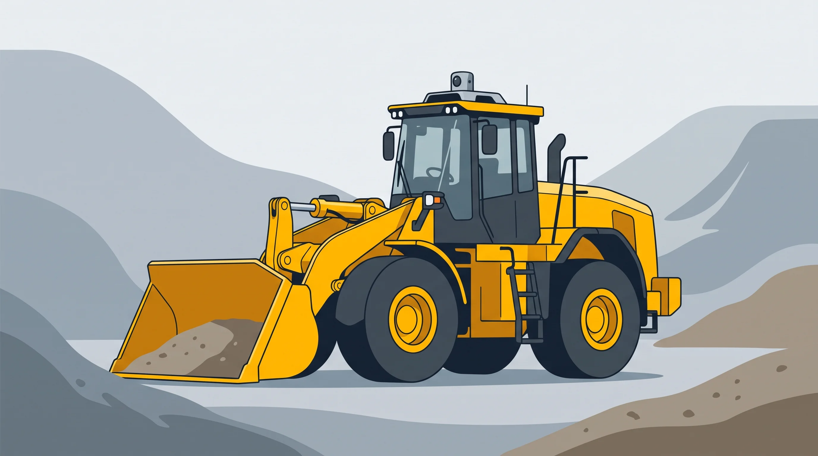 Digital illustration for article section "Foundation Models Meet Gravel Pits" in "HIVE Raises $15M Seed for 'Silicon Brain' Retrofitting Industrial Machines" - A minimalist, modern illustration of an autonomous heavy wheel loader operating quietly in a gravel ...