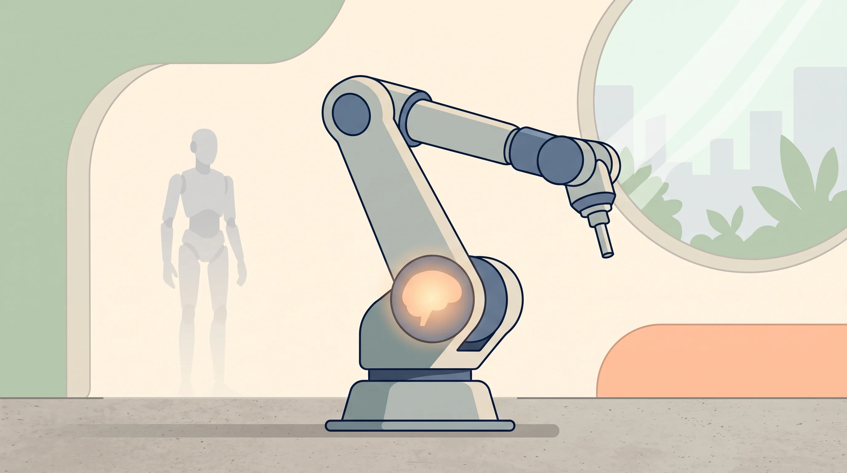Digital illustration for article section "Not Chasing the Humanoid Hype" in "HIVE Raises $15M Seed for 'Silicon Brain' Retrofitting Industrial Machines" - A minimalist and expressive illustration of a sleek, non-humanoid industrial robotic arm standing pr...