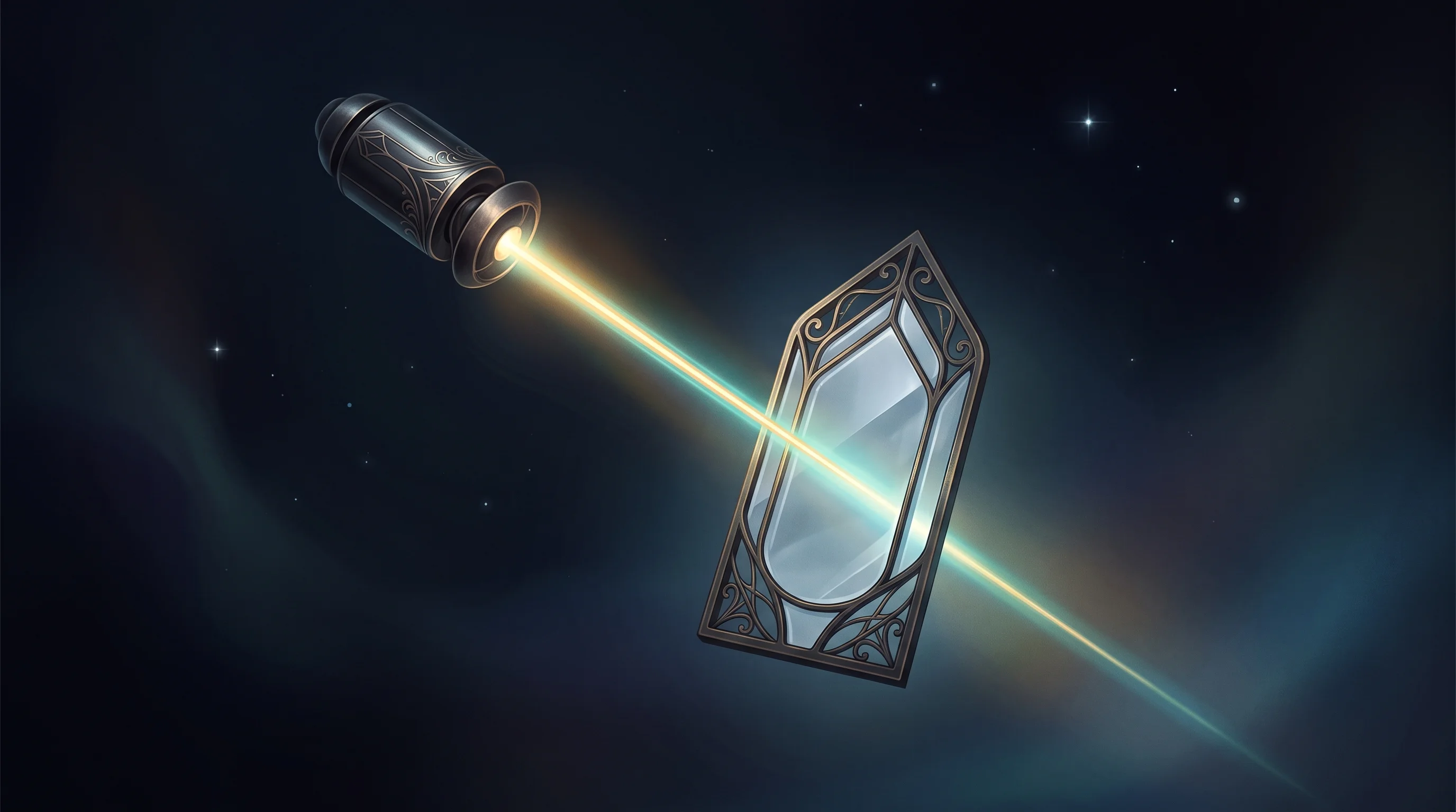 Digital illustration for article section "Racing Toward a $12.9 Billion Window" in "Ravee Optics Raises $6M Seed for Ultra-Compact Laser Terminals" - A minimalist yet ornate conceptual representation of Low Earth Orbit laser communications, featuring...