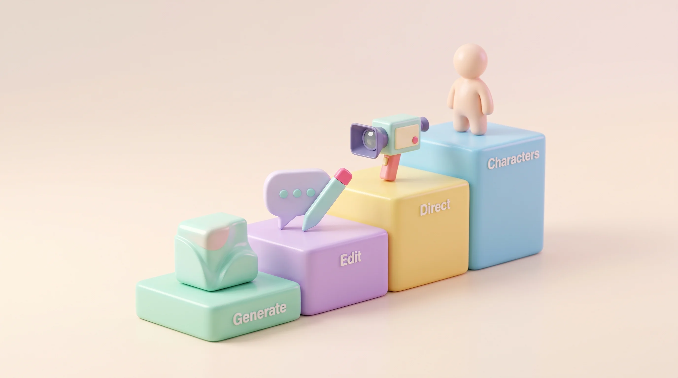 Digital illustration for article section "Inside the Workflow" in "YC-Backed Palette Launches AI Video Platform Routing Five Models" - A clean, minimalist conceptual representation of a four-stage creative workflow, featuring a beautif...
