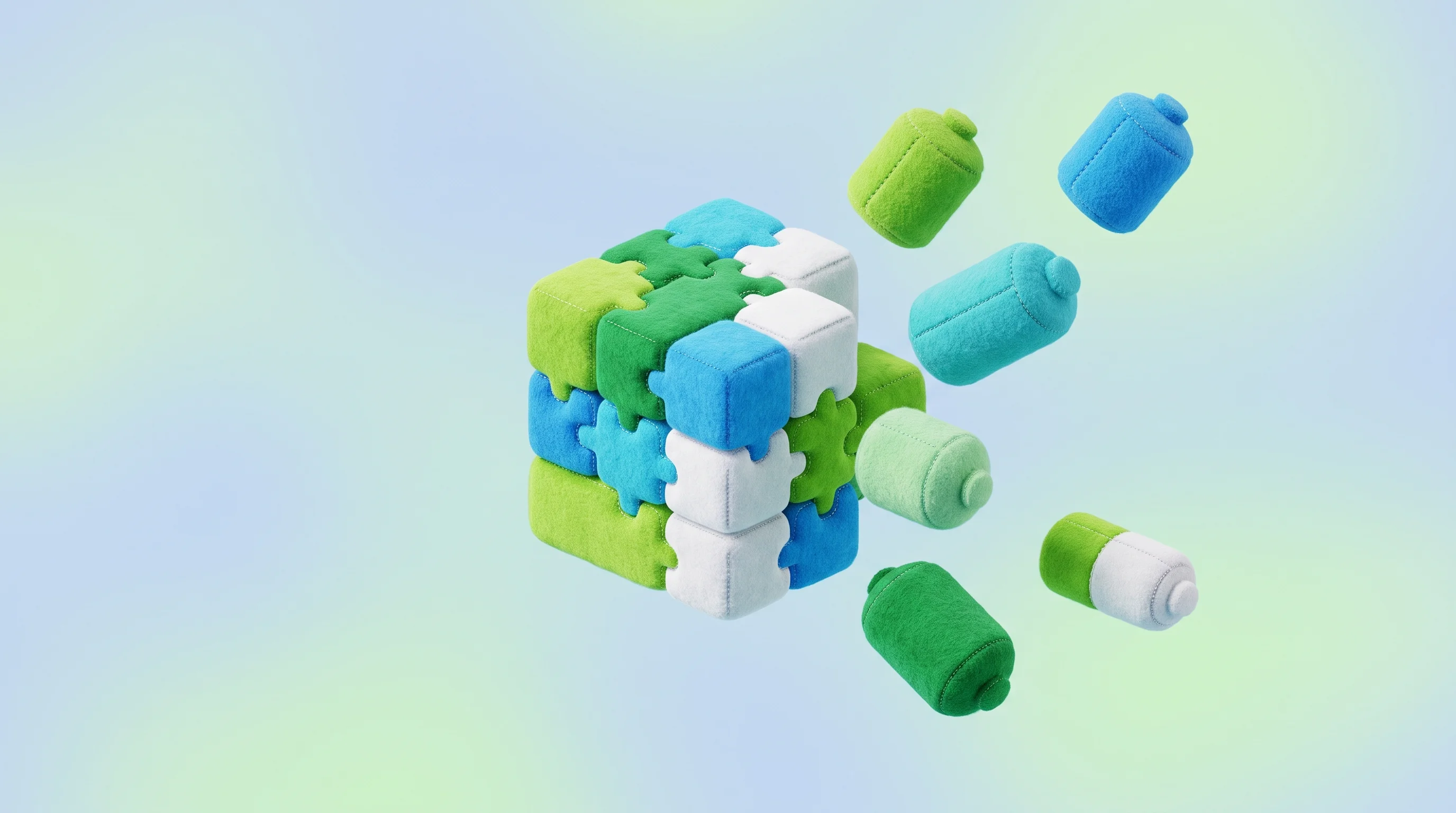 Digital illustration for article section "The Case for Modularity" in "How This YC Startup Turns Wastewater Biogas Into Supply-Secure Chemicals" - A conceptual, modern 3D illustration representing the shift toward modular, low-carbon industrial su...