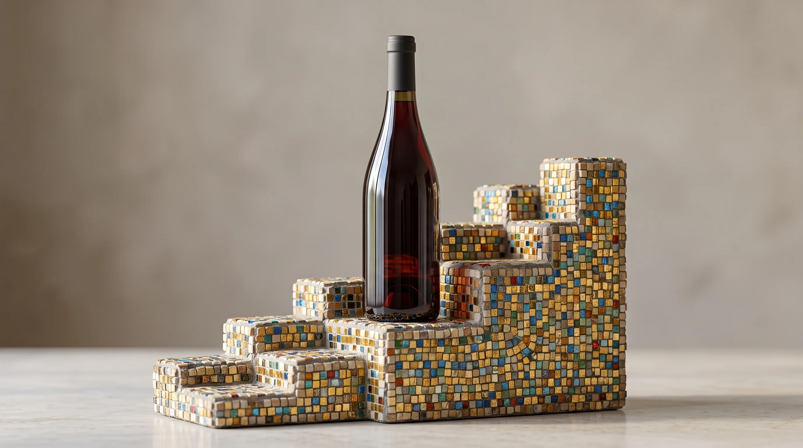 Digital illustration for article section "A Market Still Finding Its Footing" in "City Hive Hits $1B in B2B Payments, Reshaping Alcohol Commerce" - A sleek, modern glass wine bottle resting on an uneven, stepped stone pedestal that subtly forms an ...