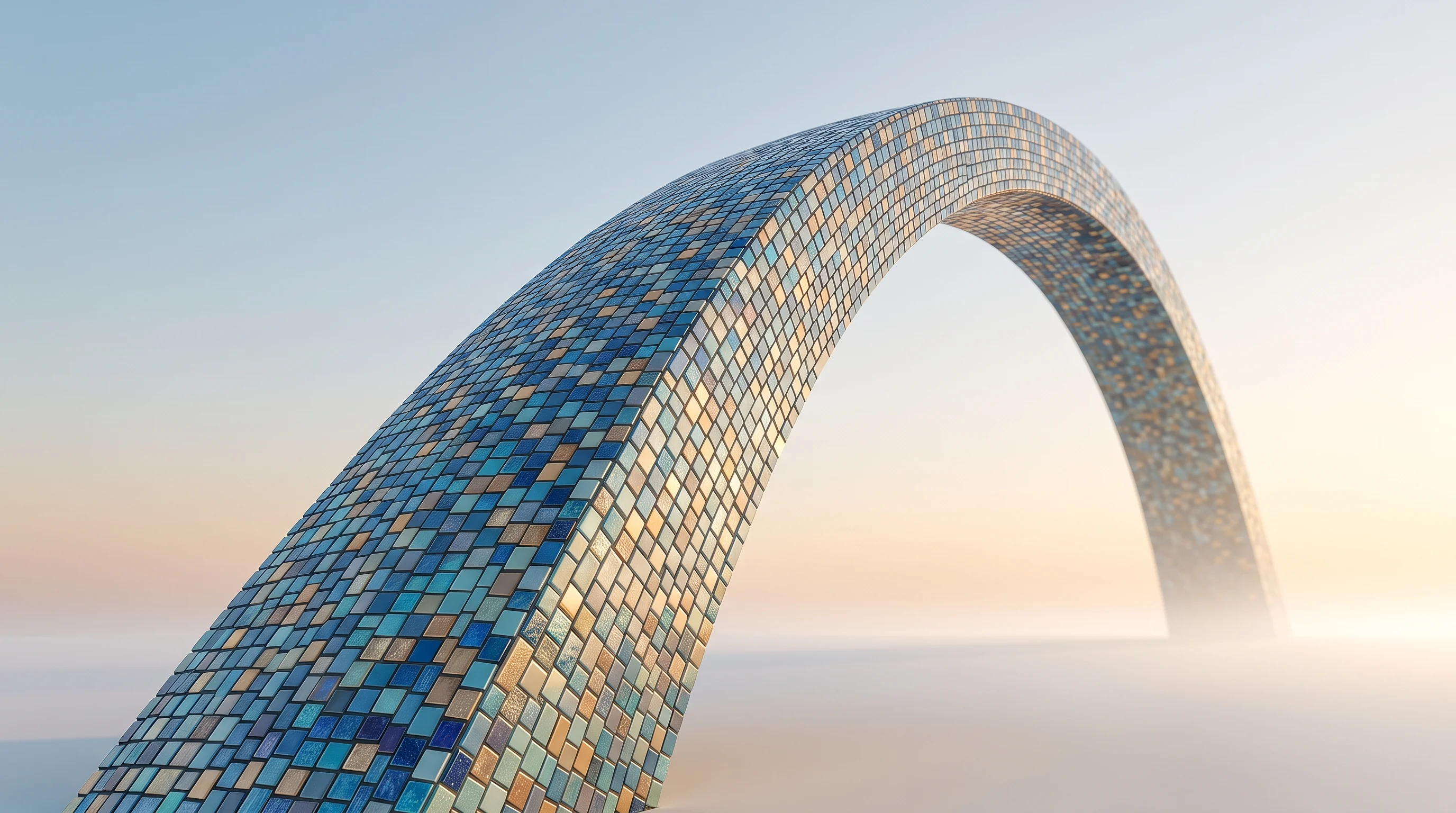 Digital illustration for article section "What Comes Next" in "City Hive Hits $1B in B2B Payments, Reshaping Alcohol Commerce" - A conceptual, modern architectural arch sweeping upward and forward toward a soft, luminous horizon,...