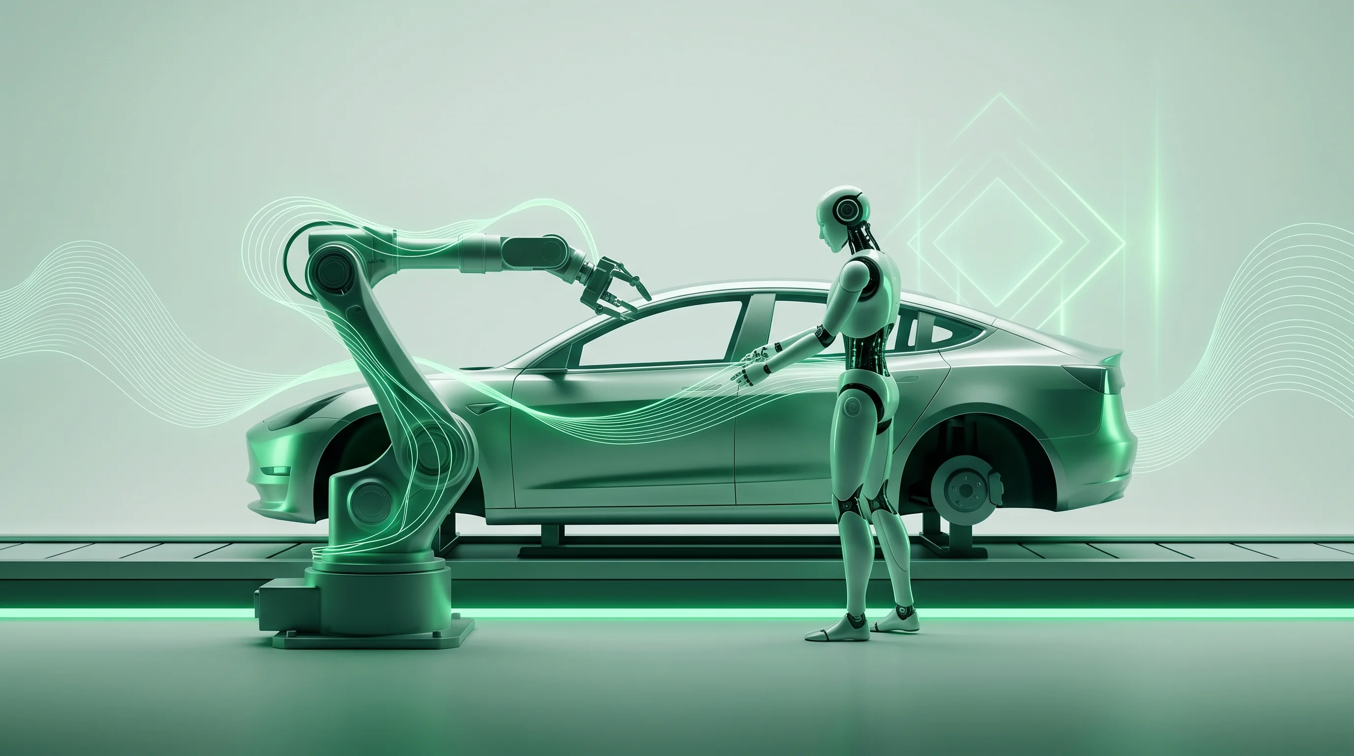 Digital illustration for article section "No More Status Quo" in "Open-Source Robot Benchmarks Tackle Industry's Transparency Gap" - A sleek, state-of-the-art humanoid robot meticulously interacting with a polished, minimalist car ch...