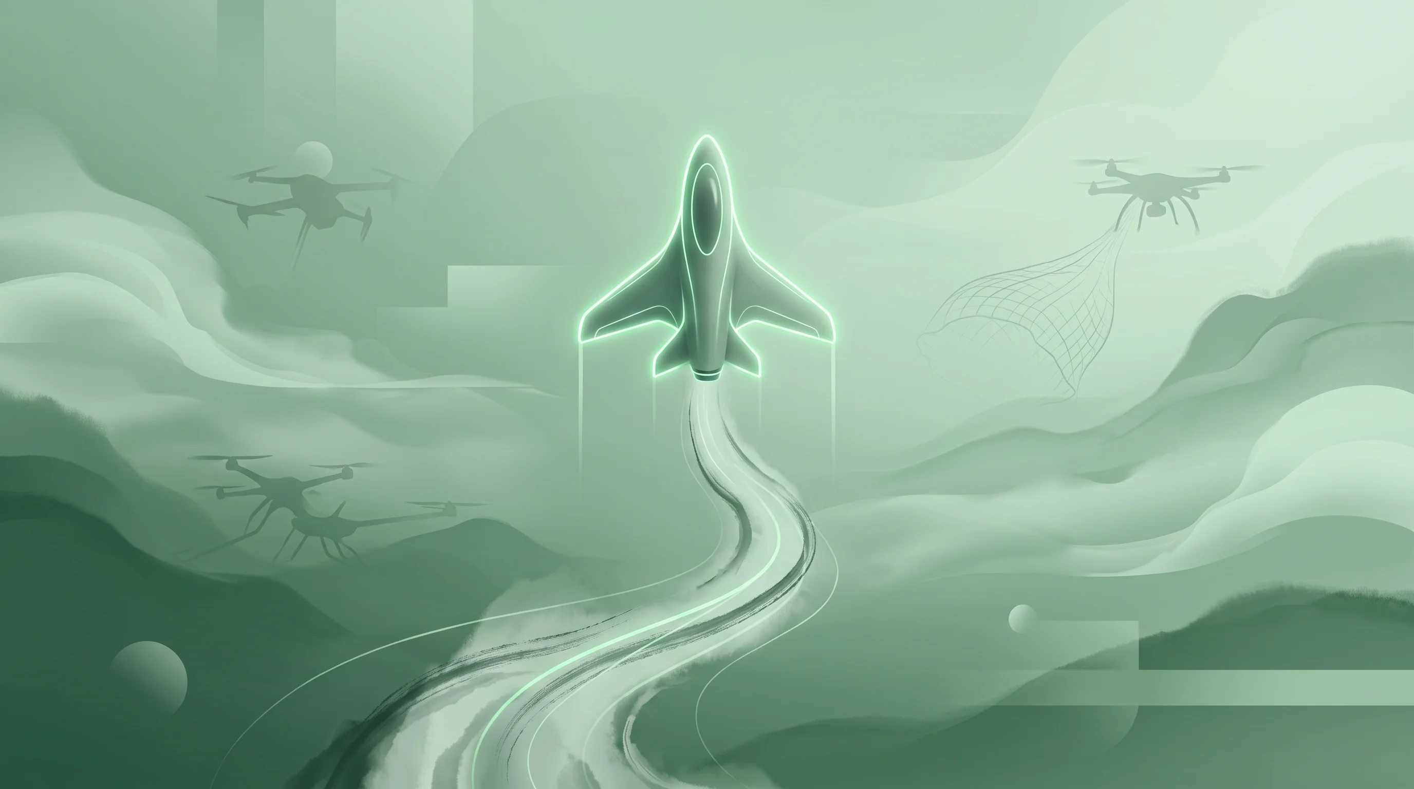 Digital illustration for article section "A Crowded, Complicated Market" in "Skapion Secures $36M Seed for Sub-$10K Drone Interceptor" - A minimalist and conceptual visualization of a crowded anti-drone technology market, featuring a sin...