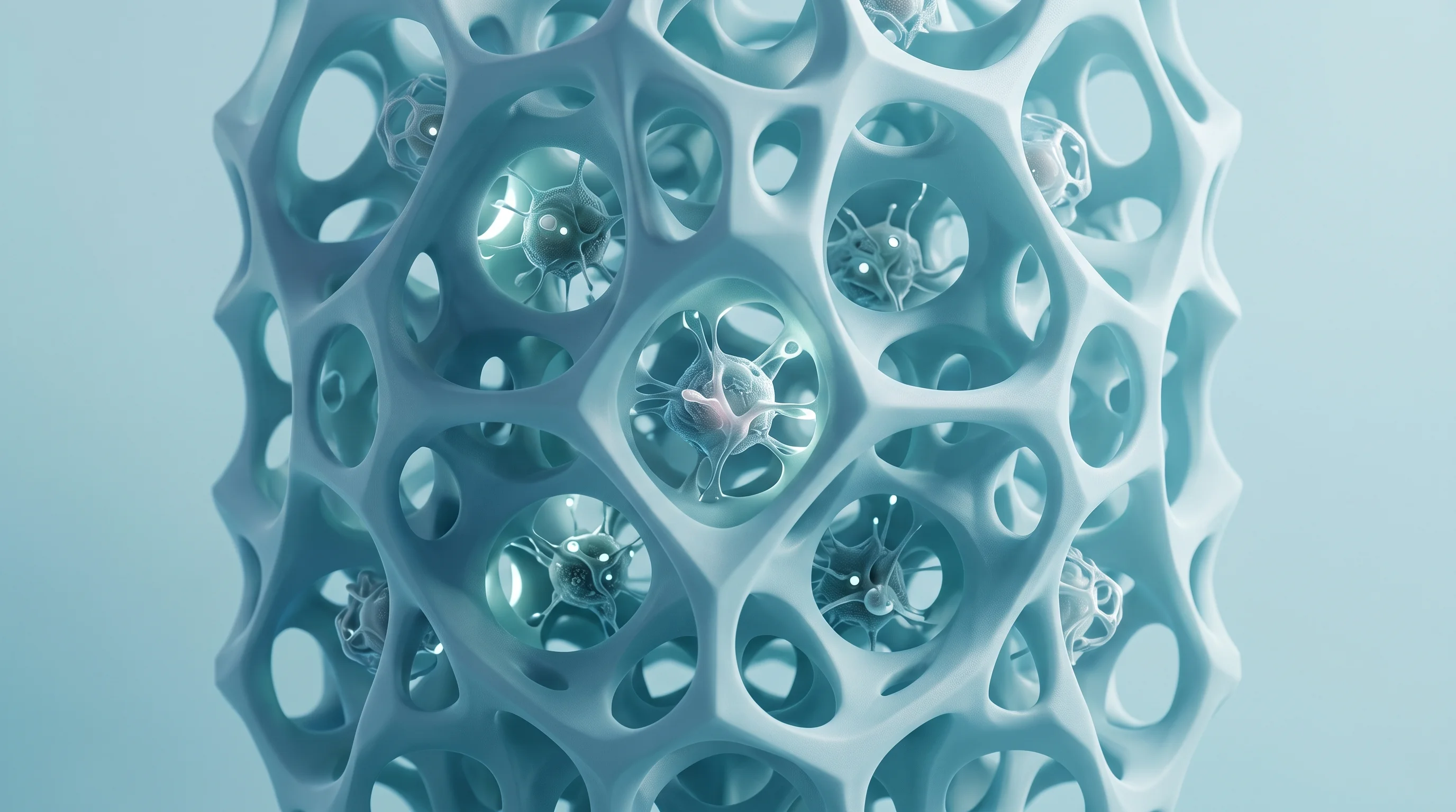 Digital illustration for article section "The Science Behind the Claim" in "En Carta Raises $5.5M Seed for At-Home Molecular Diagnostics" - A conceptual, highly magnified 3D rendering of a pristine porous material matrix embedded with delic...