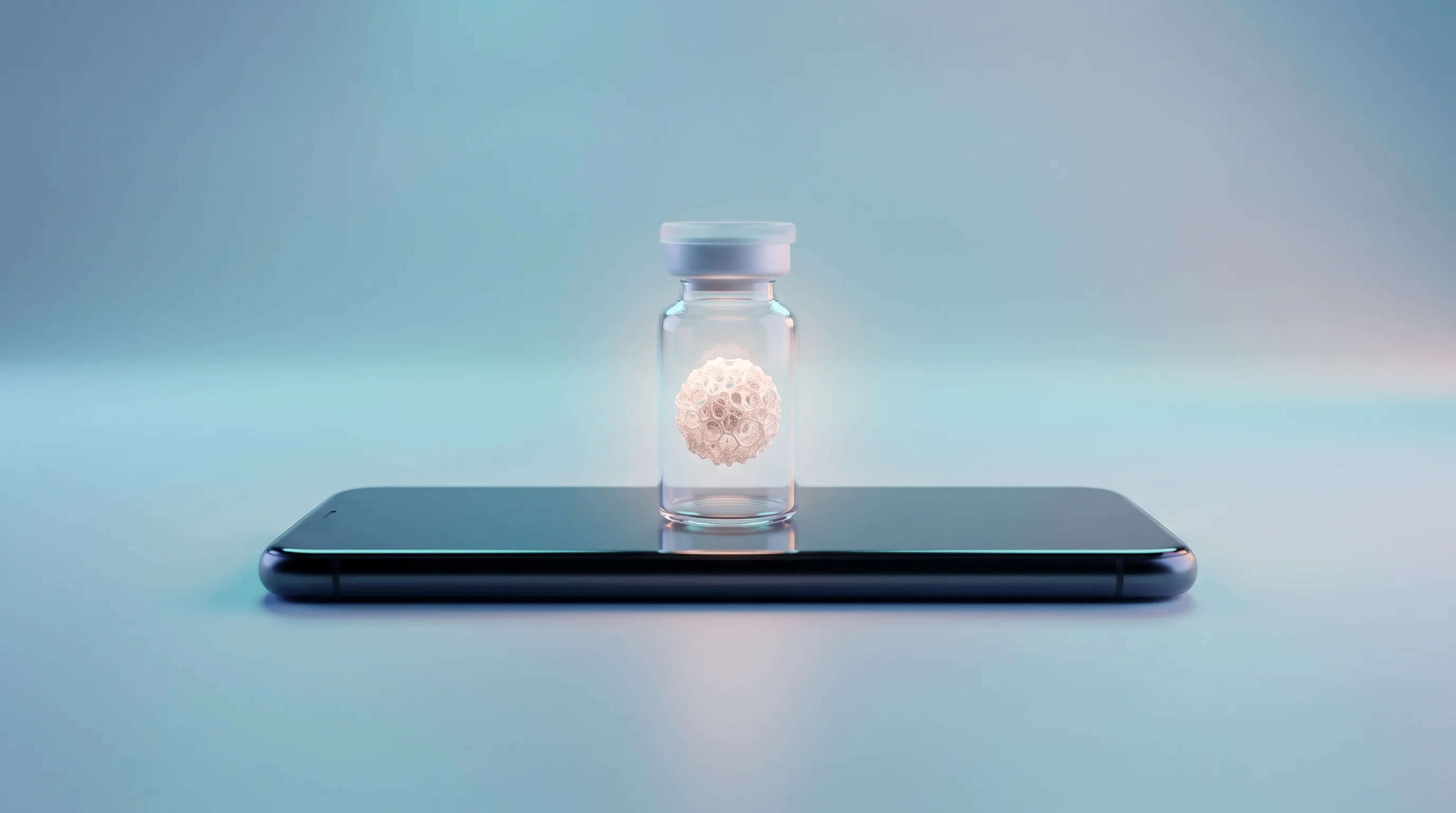 Digital illustration for article section "The Road Ahead" in "En Carta Raises $5.5M Seed for At-Home Molecular Diagnostics" - A minimalist, futuristic 3D rendering of a sleek, modern smartphone resting flat on a smooth, unclut...