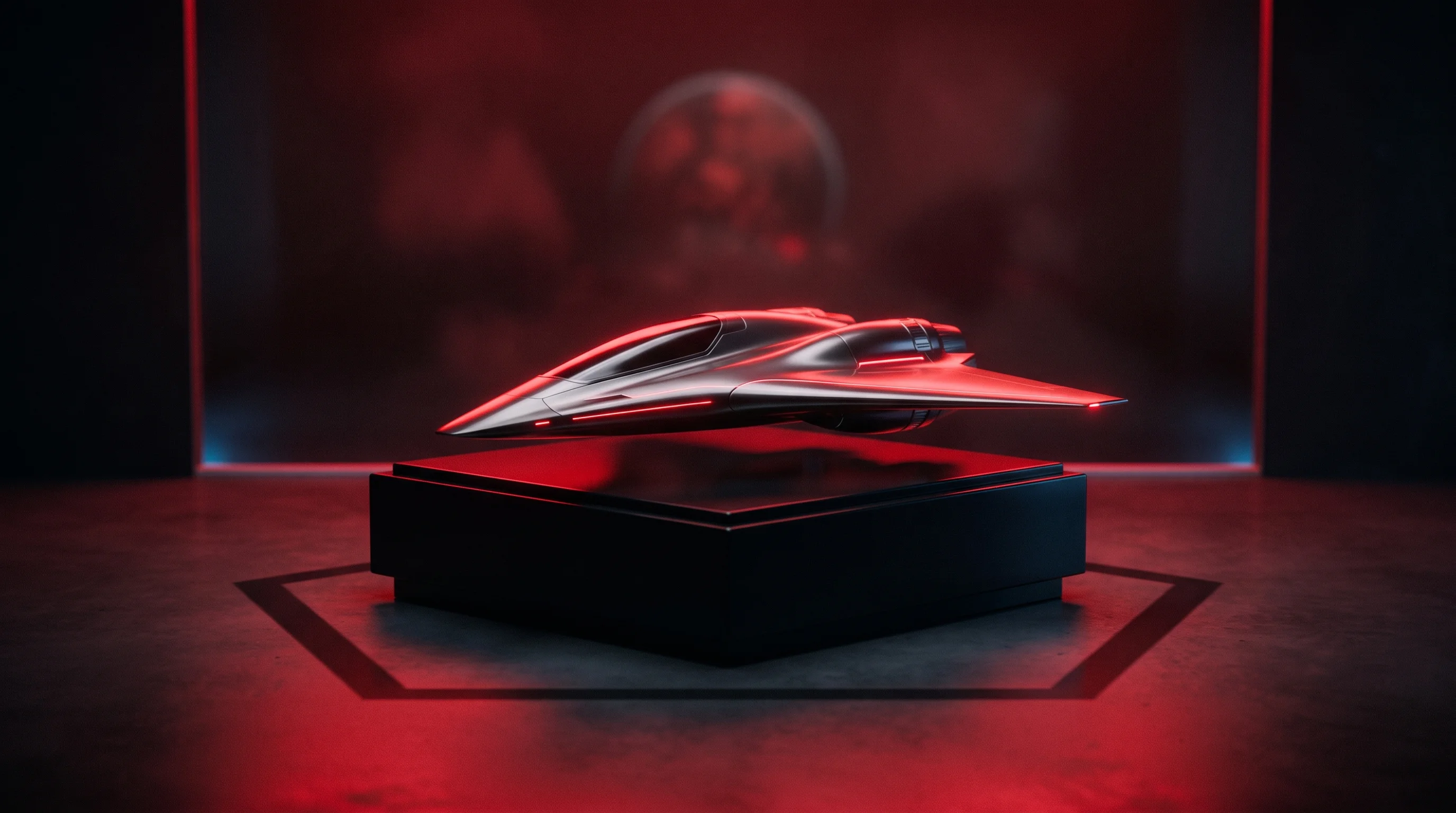 Digital illustration for article section "Long Bets, Near-Term Hustle" in "Skybound Medtech Raises $1.25M to Build Space-Medicine Tech" - A sleek, minimalist aerospace prototype resting on a clean, modern presentation pedestal, symbolizin...