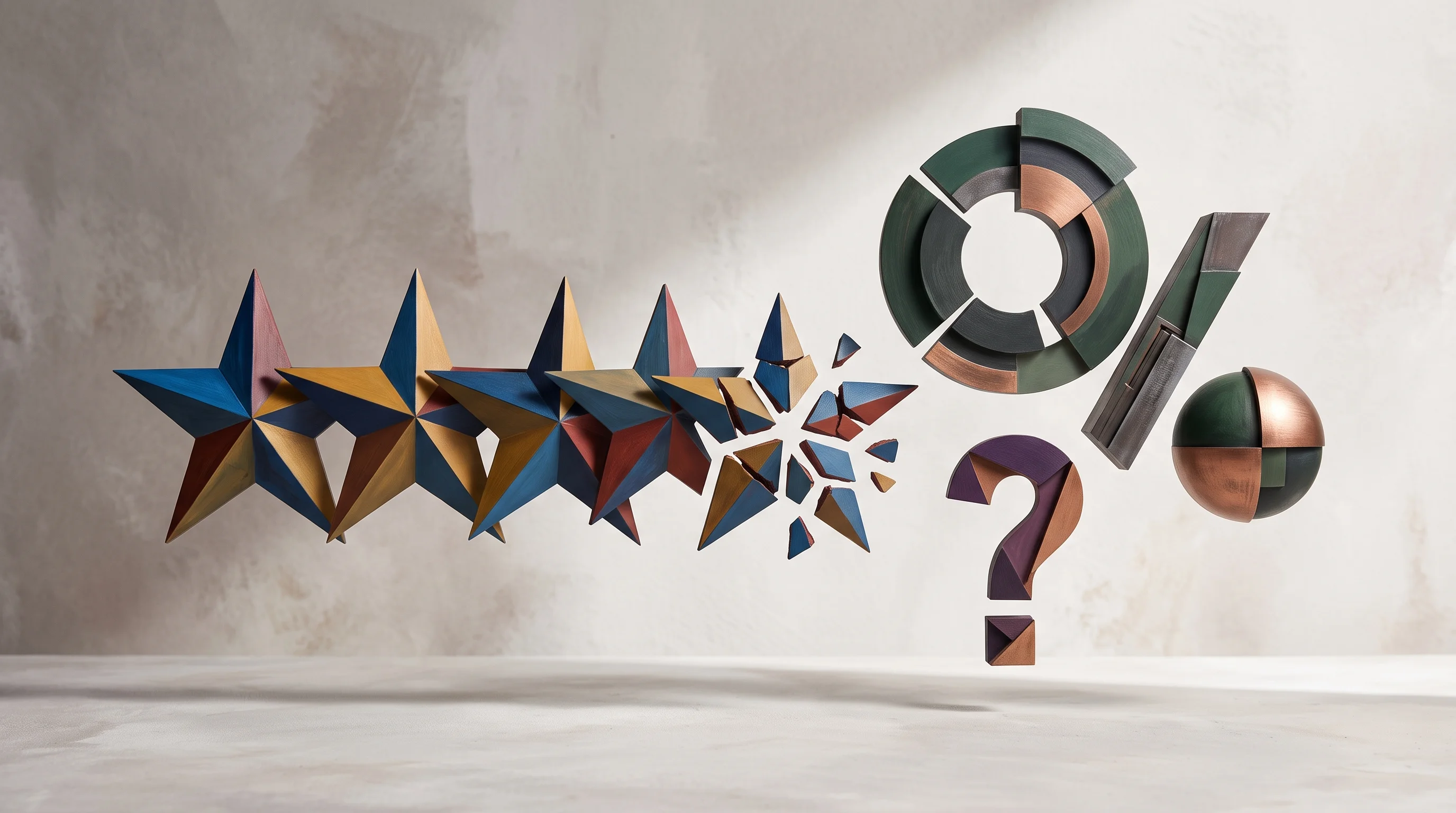Digital illustration for article section "The Numbers, and the Questions" in "Corner Health Nets $25M Series A for NP-Owned Clinic Network" - A conceptual, modern, and minimal composition featuring a prominent, abstract cluster of five stars,...