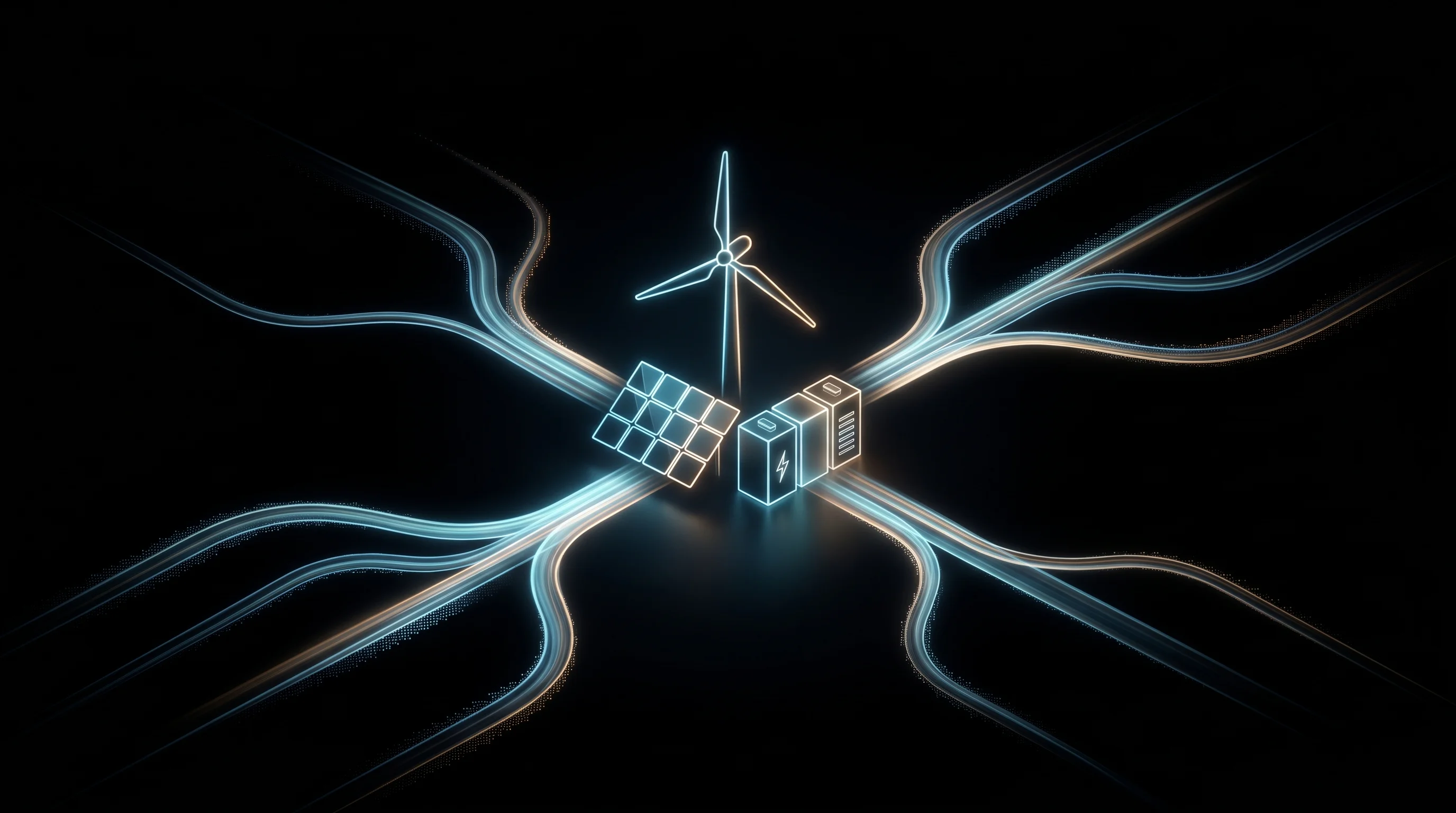 Digital illustration for article section "Modeling Complexity in a Market That Rewards Speed" in "Gridcog Raises £7M Series A to Scale Net-Zero Energy Modeling" - A sleek, conceptual representation of a multi-asset clean energy project featuring a stylized wind t...