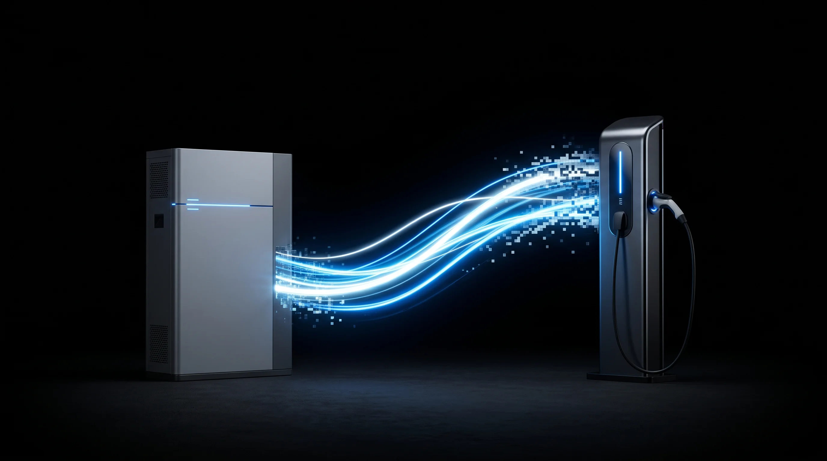 Digital illustration for article section "Timing and Market Momentum" in "Gridcog Raises £7M Series A to Scale Net-Zero Energy Modeling" - A sleek, minimalist battery storage unit co-located next to a modern EV charging pedestal, represent...