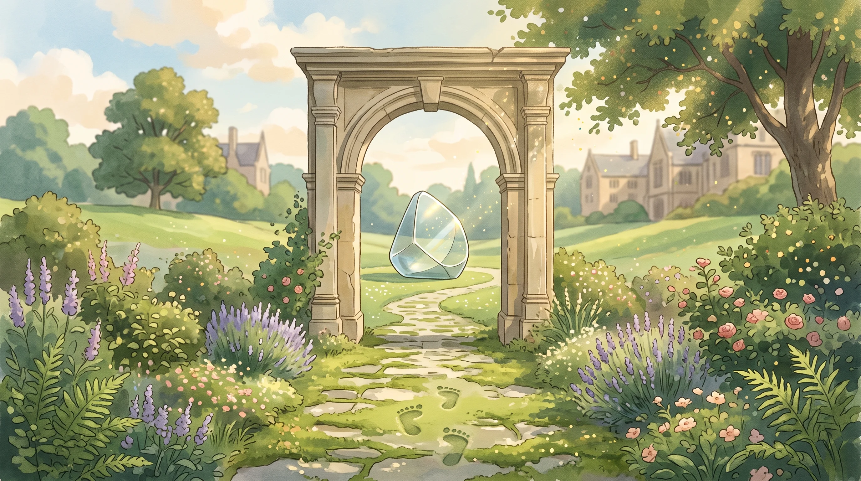 Digital illustration for article section "The Founders and the Footprint" in "Avyn Emerges From Stealth With AI Agent Built to Replace VC Analysts" - A serene, conceptual image of a classic Oxford-style stone archway standing in a peaceful, lush gard...