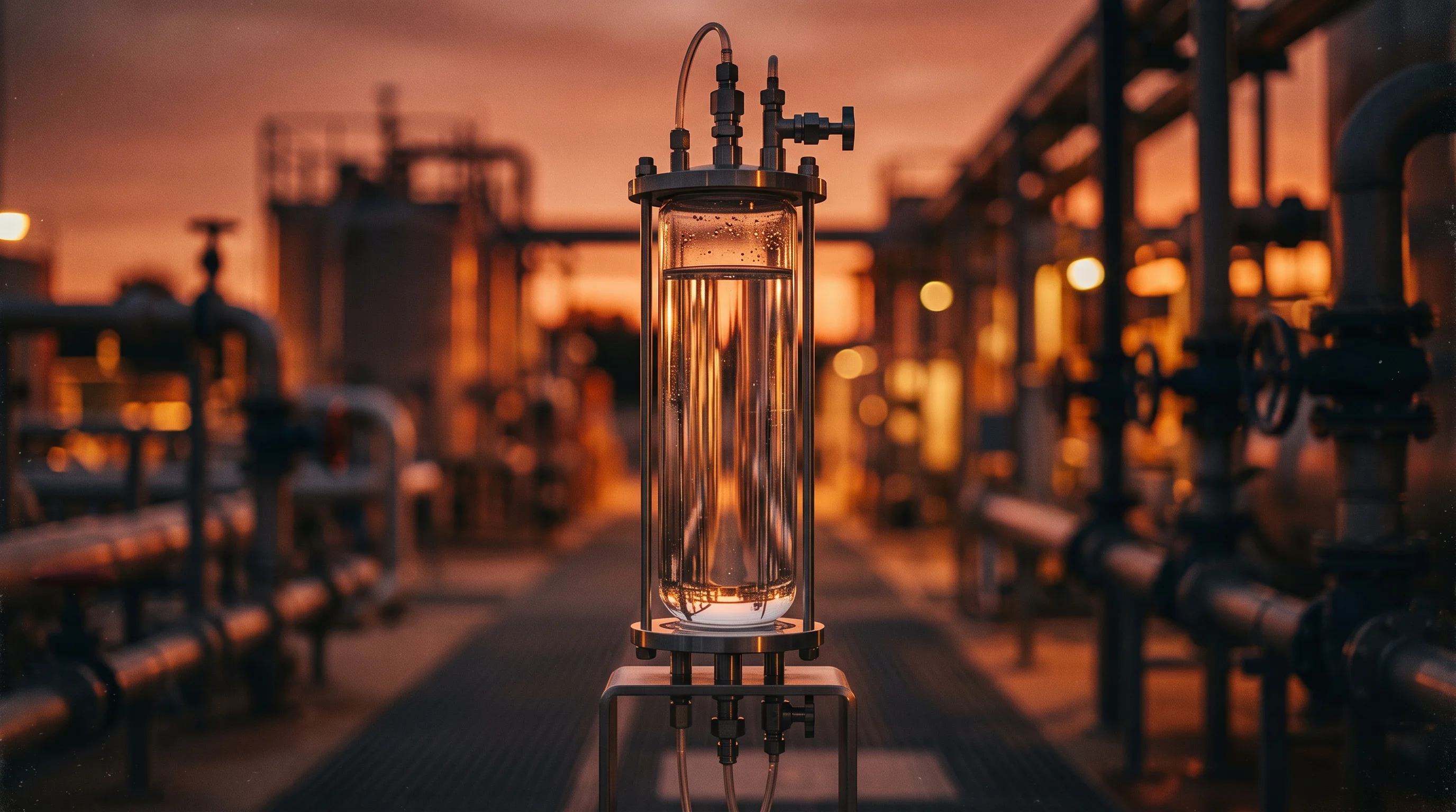 Digital illustration for article section "Technology Routes Proliferate" in "How Waste-to-Chemicals Tech Could Reshape Supply Chain Security" - A minimalist, close-up composition of a single, sleek glass cylindrical reactor vessel containing pu...