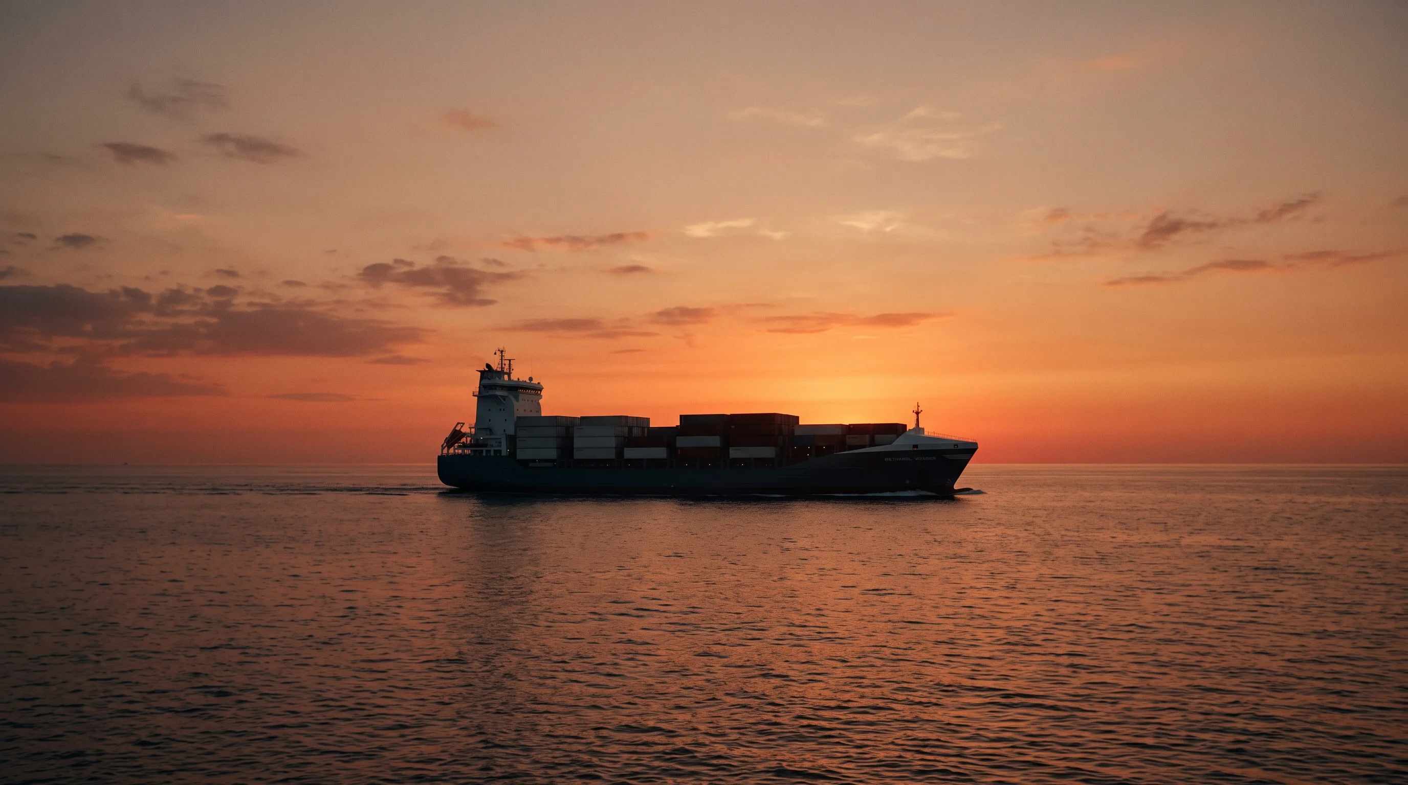 Digital illustration for article section "Shipping Demand Builds, Slowly" in "How Waste-to-Chemicals Tech Could Reshape Supply Chain Security" - A clean, minimal composition featuring a singular, modern maritime cargo vessel navigating across ca...