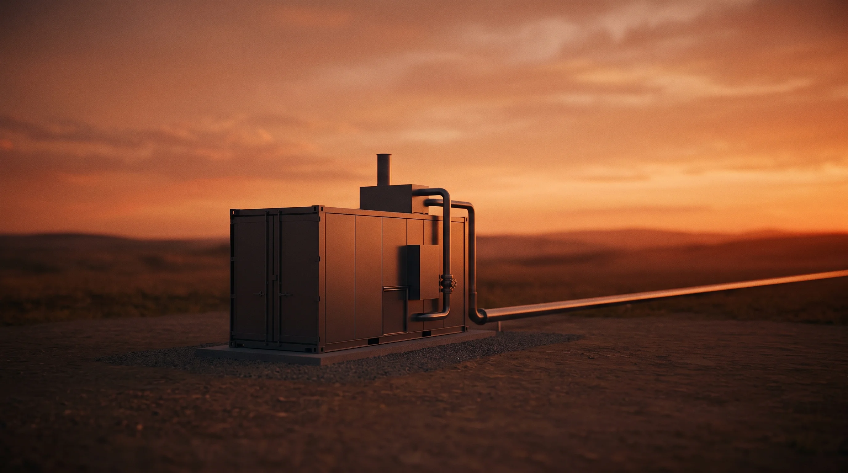 Digital illustration for article section "What Comes Next" in "How Waste-to-Chemicals Tech Could Reshape Supply Chain Security" - A clean, minimalist, and modern modular industrial processing unit connected to a sleek pipeline ext...