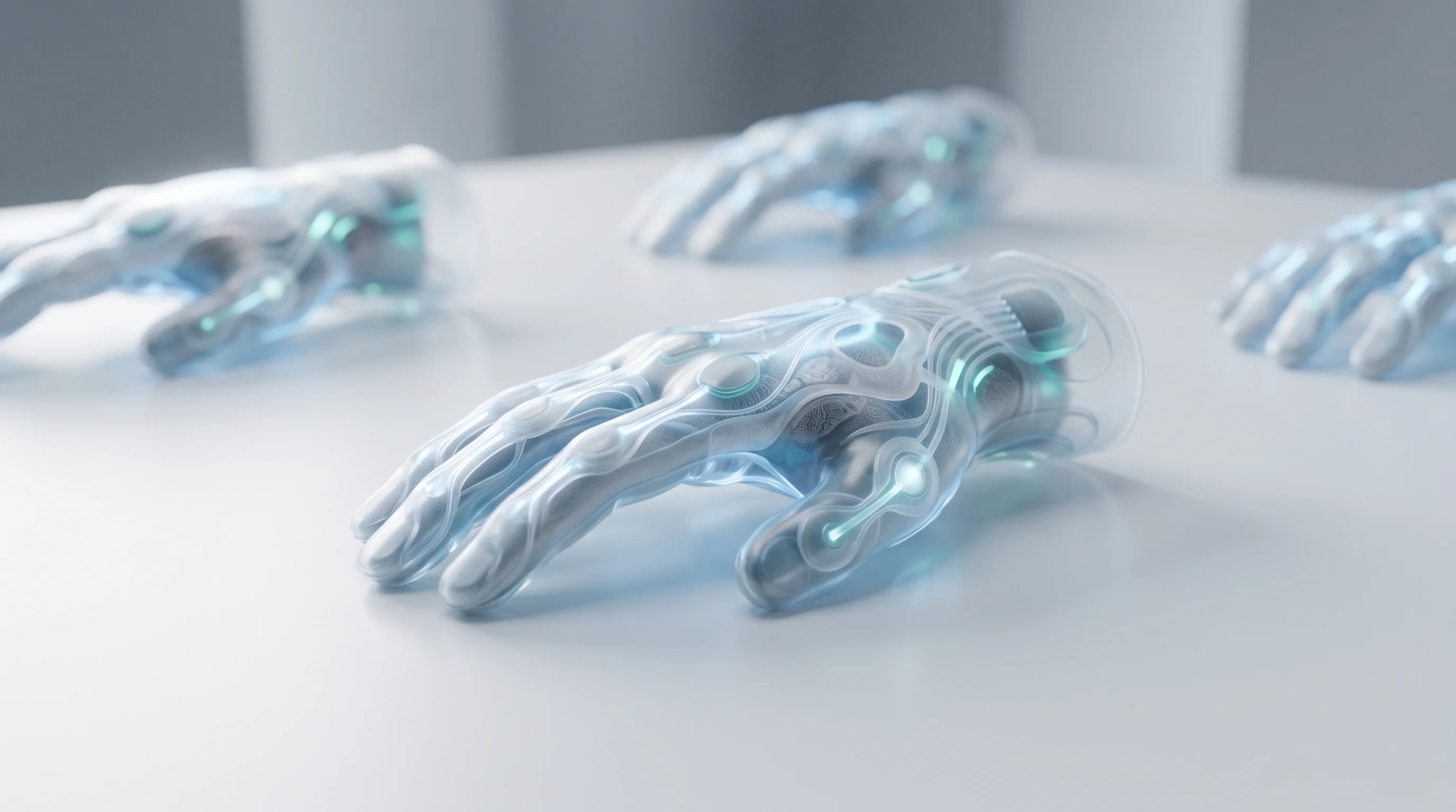 Digital illustration for article section "A Crowded Field" in "Dayan Technology Raises Angel Round for China's First Haptic Glove" - A sleek, futuristic data glove made of flexible tactile e-skin resting on a pristine, minimalist sur...