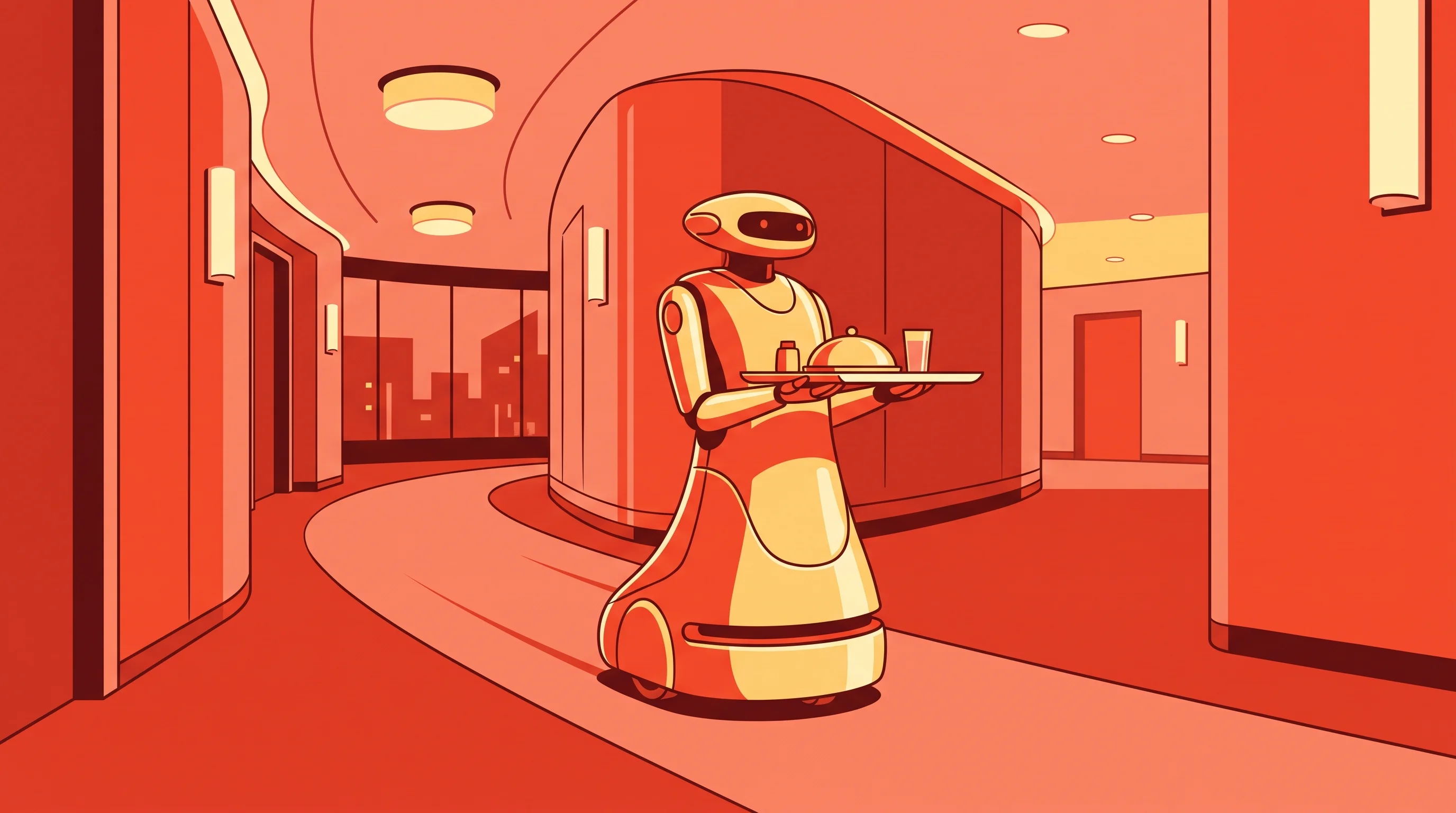 Digital illustration for article section "The Crowded Floor Plan" in "YC-Backed OS3 Deploys Semi-Humanoid Robots in Hotels With 2-Person Team" - A sleek, modern hospitality service robot gliding smoothly down a minimalist hotel corridor, carryin...