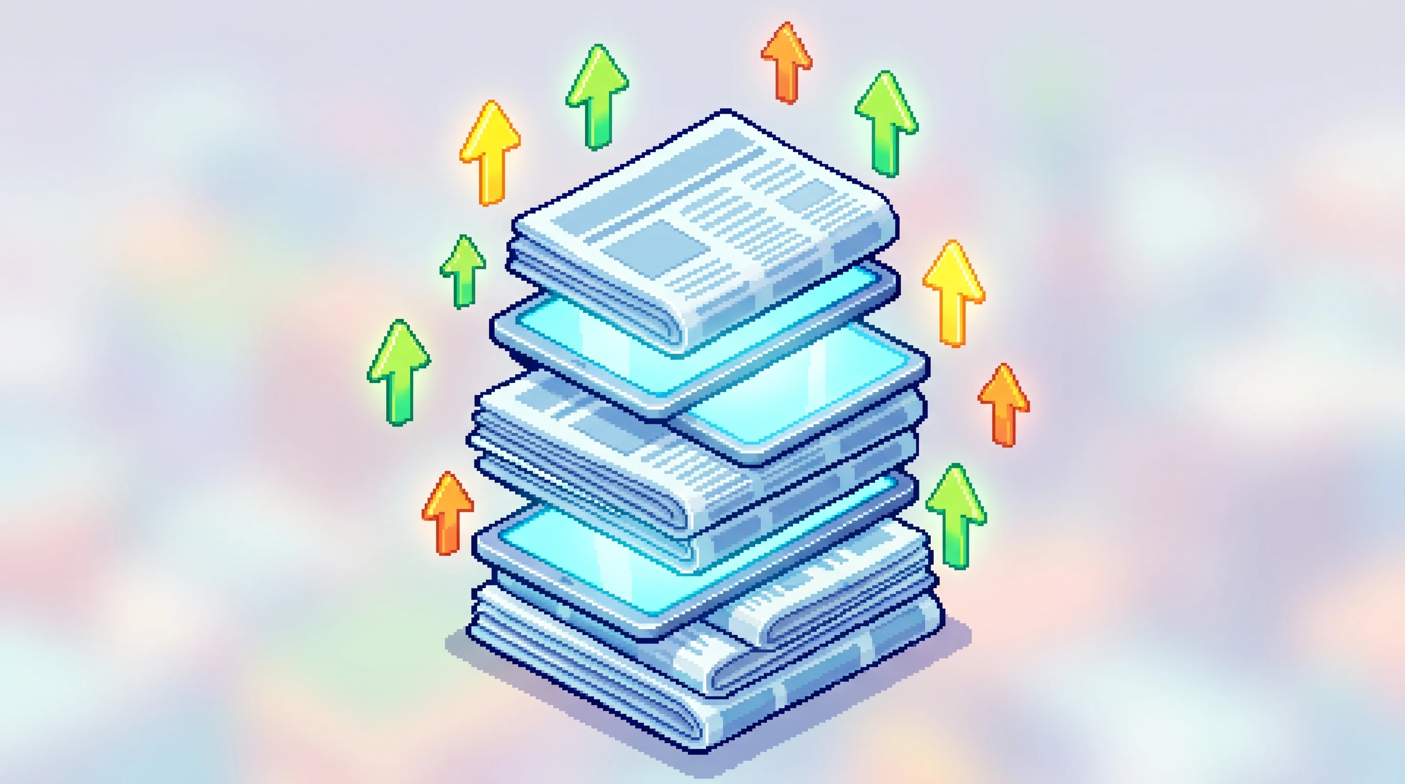 Digital illustration for article section "Reception, and the Durability Question" in "Climate.us Launches to Preserve NOAA Climate Data After Shutdown" - A conceptual top-down isometric view of a towering, neatly organized stack of stylized newspapers, g...