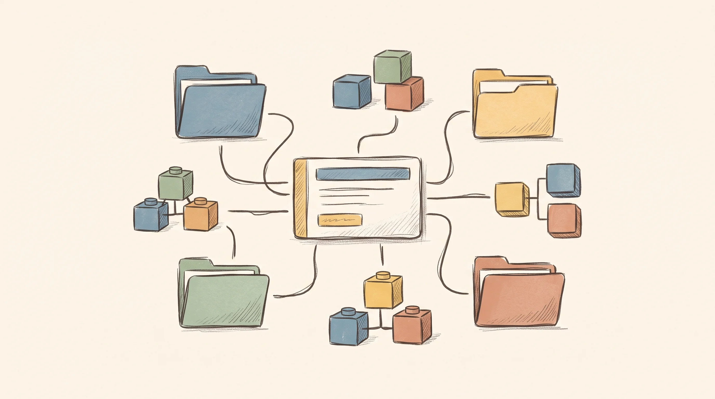 Digital illustration for article section "The Multi-Repo Problem" in "Clawk Launches Open-Source VMs to Sandbox AI Coding Agents" - A clean, minimal conceptual illustration representing a unified multi-repo workspace, featuring a si...