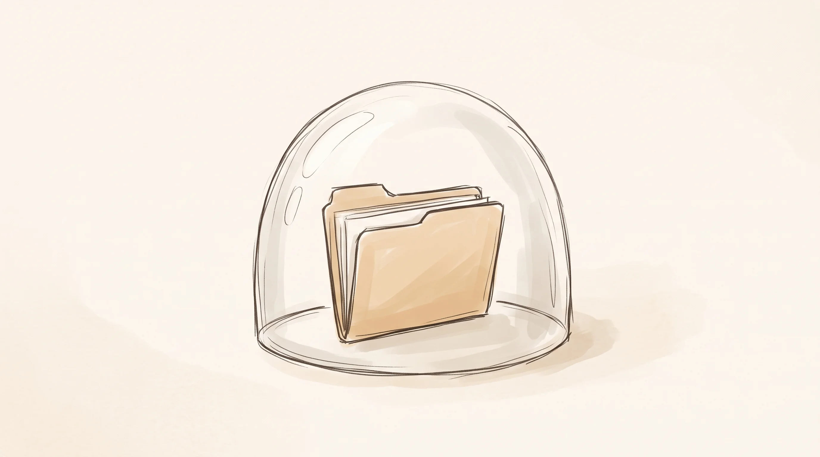 Digital illustration for article section "Trust, Delegated" in "Clawk Launches Open-Source VMs to Sandbox AI Coding Agents" - A minimalist, conceptual illustration of a protective, transparent dome acting as a secure containme...