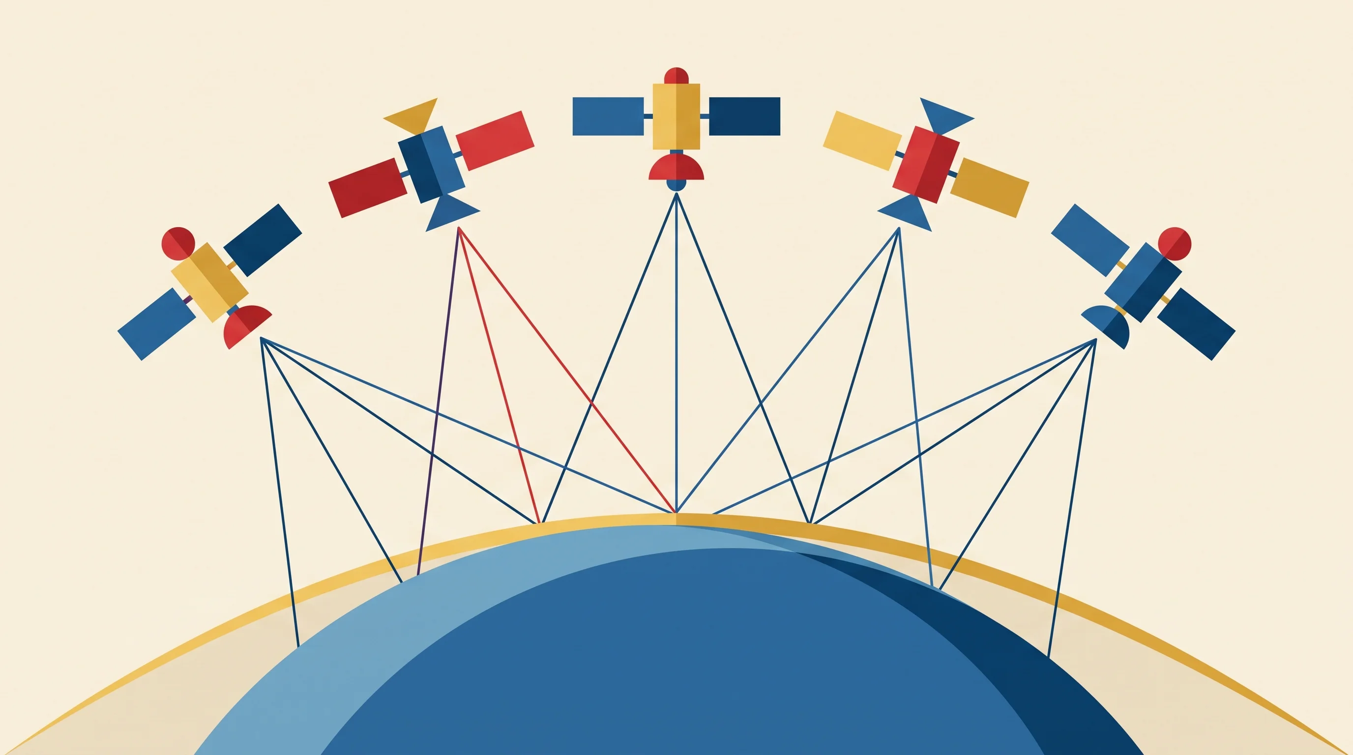 Digital illustration for article section "The Orbital Gambit" in "French Indoor GPS Startup Wheere Raises €8.5M Bridge Round" - A conceptual, minimalist representation of a five-satellite constellation orbiting a planetary curve...