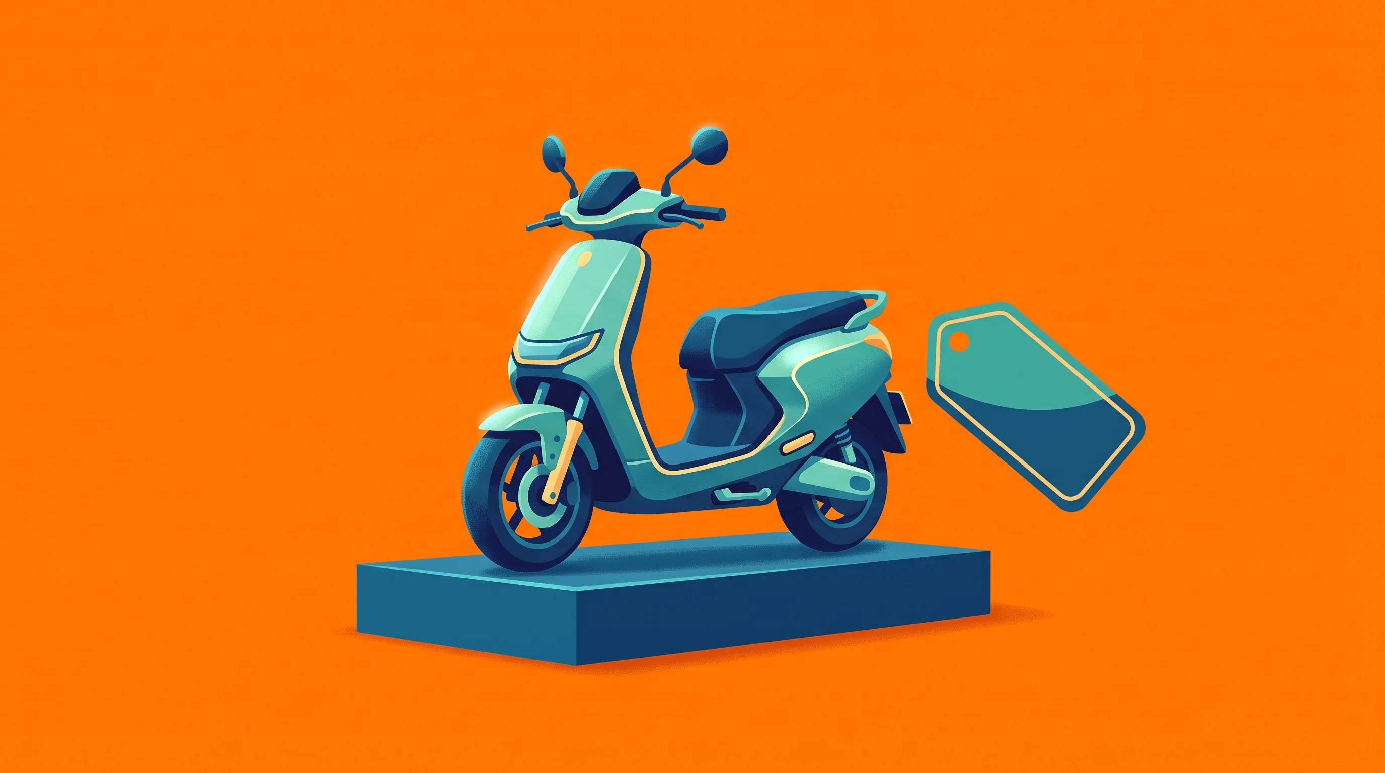 Digital illustration for article section "Pricing in a Price-Sensitive Market" in "E3 Electric.Ai Raises $12M Series A for AI-Powered EV Scooters" - A sleek, modern electric scooter positioned centrally on a minimalist display pedestal alongside a s...