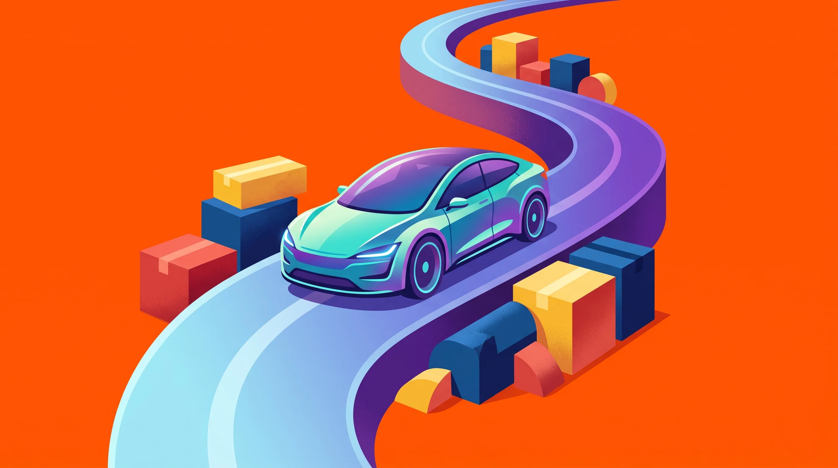 Digital illustration for article section "What Comes Next" in "E3 Electric.Ai Raises $12M Series A for AI-Powered EV Scooters" - A conceptual illustration of a sleek, modern electric vehicle navigating a smooth, winding path that...