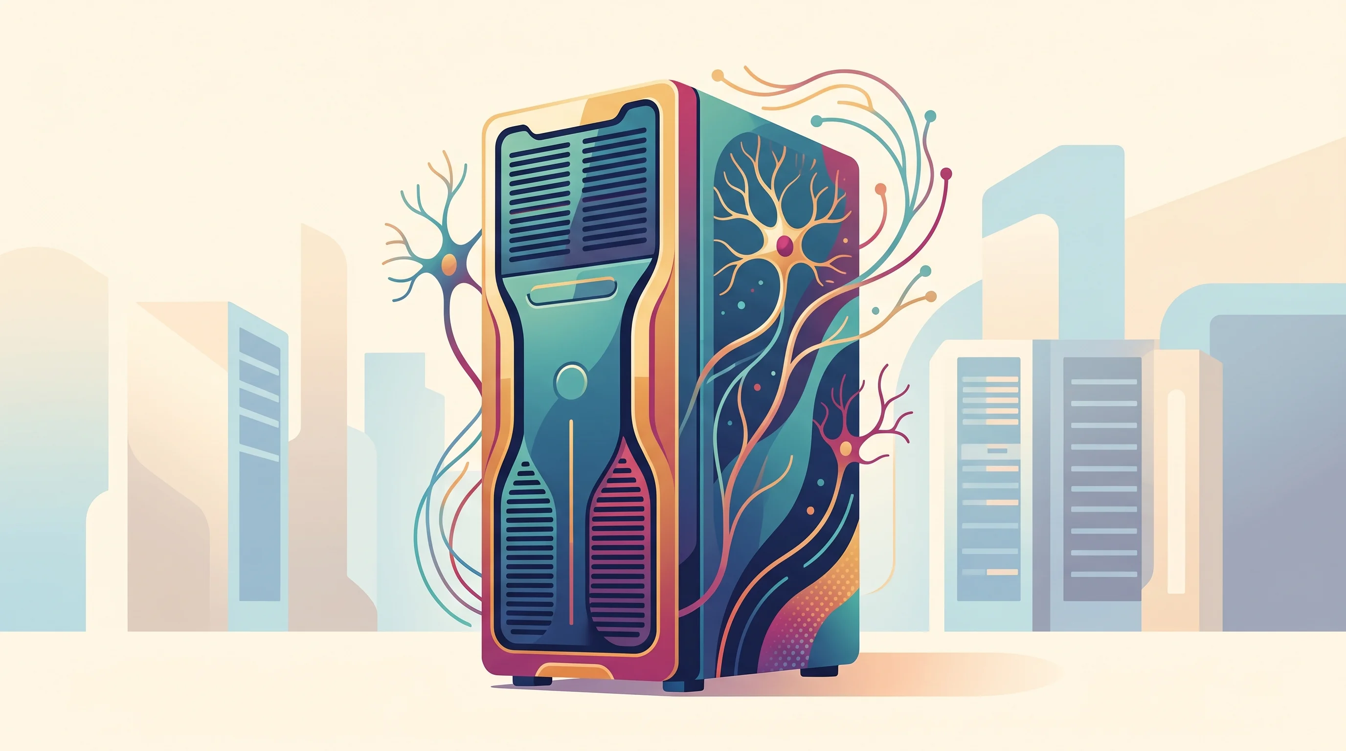 Digital illustration for article section "Commercial Infrastructure, Sort Of" in "Living Neurons as Compute: Inside the Race to Build Biological AI" - A sleek, modern server hardware unit stands as a singular, striking focal point in a clean, minimal ...