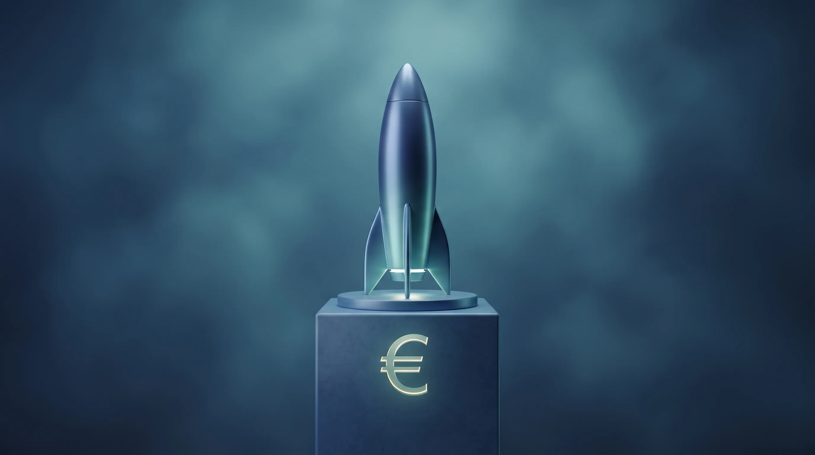 Digital illustration for article section "The German Elephant in the Room" in "Swiss Rocket Startup Rivals German Giants on 10% of Their Funding" - A sleek, futuristic rocket model standing elegantly on a smooth, geometric pedestal that features a ...
