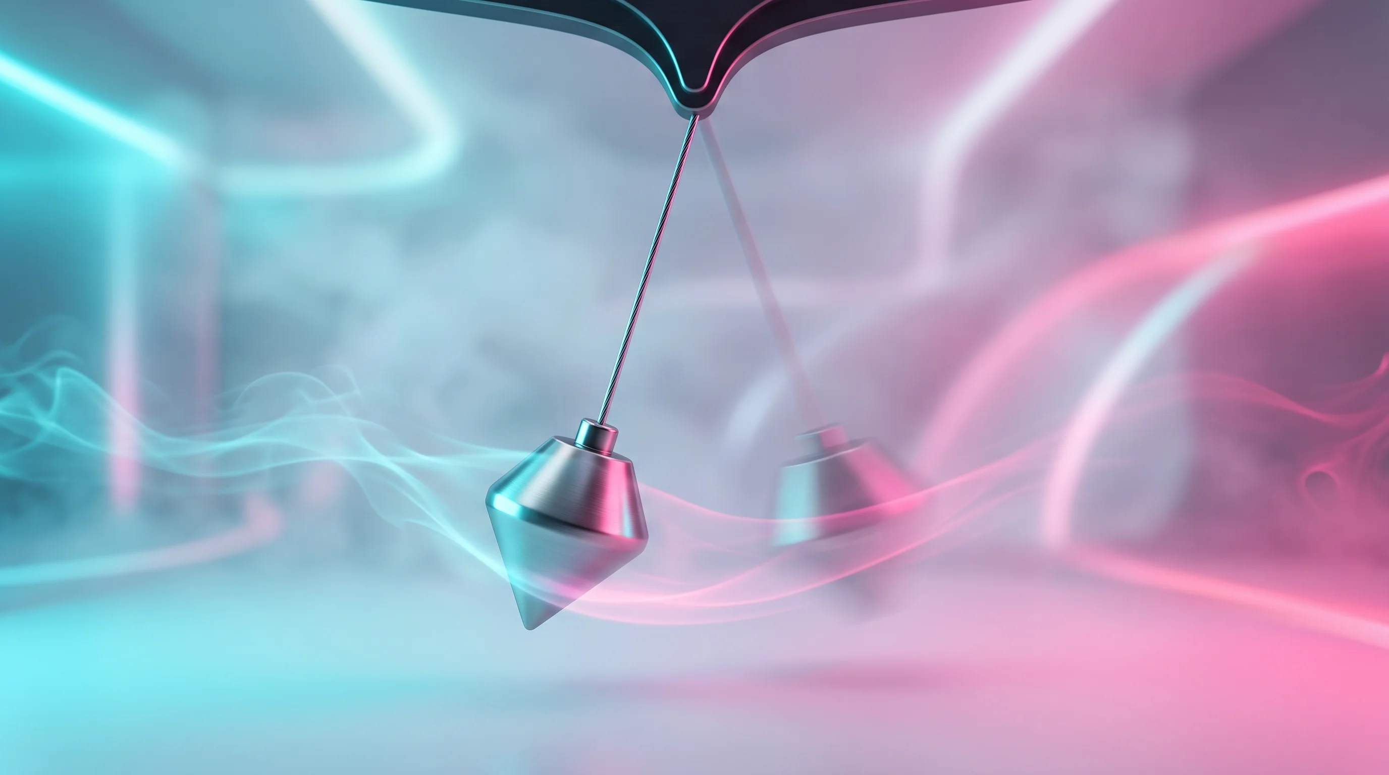 Digital illustration for article section "Momentum, or Just Good Timing?" in "Nopan Raises €7.2M Seed Round for European Payment Infrastructure" - A sleek, minimalist metallic pendulum caught mid-swing, representing perfect timing and unstoppable ...