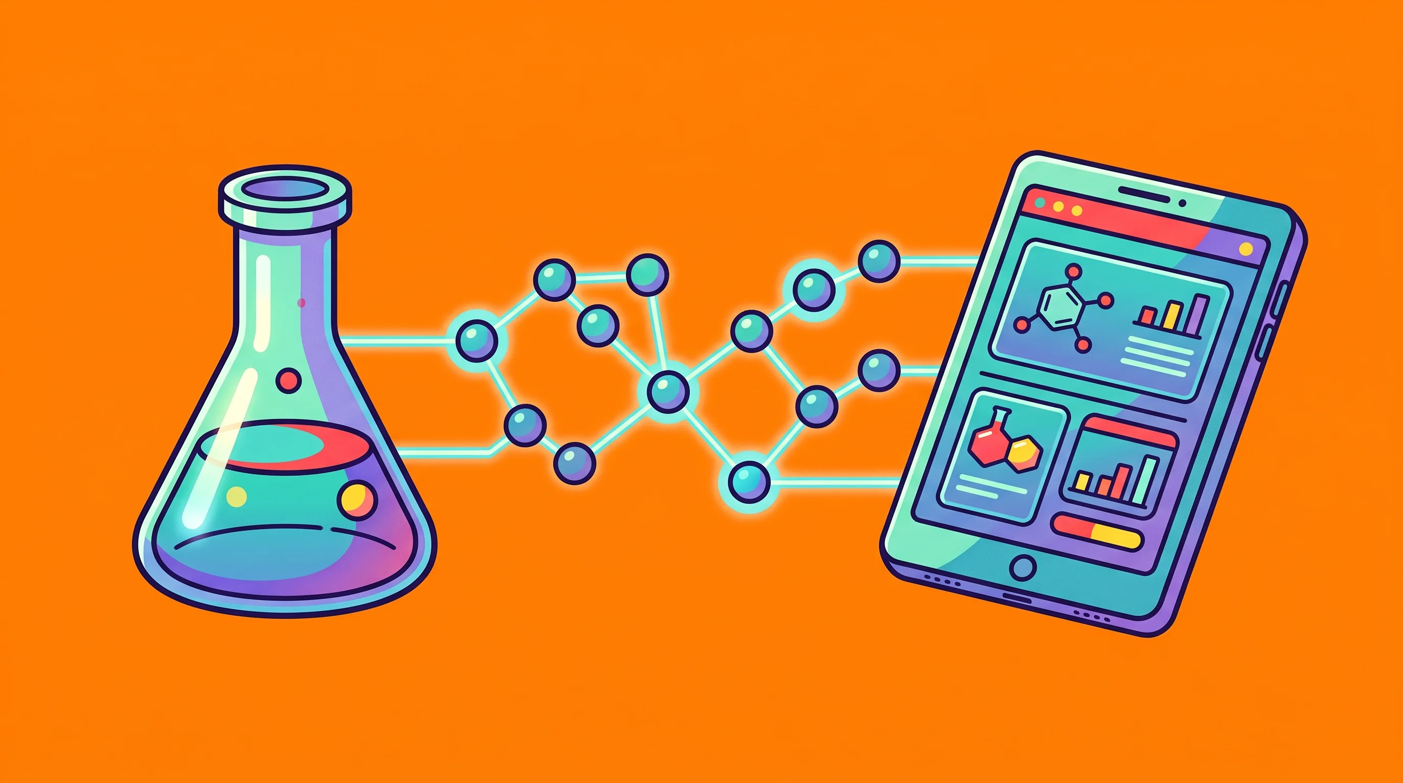 Digital illustration for article section "From Theory to Deployment" in "AI Mines 'Failed' Experiments to Accelerate Materials Discovery" - A dynamic, slightly asymmetrical composition representing the digitization of R&D laboratory workflo...