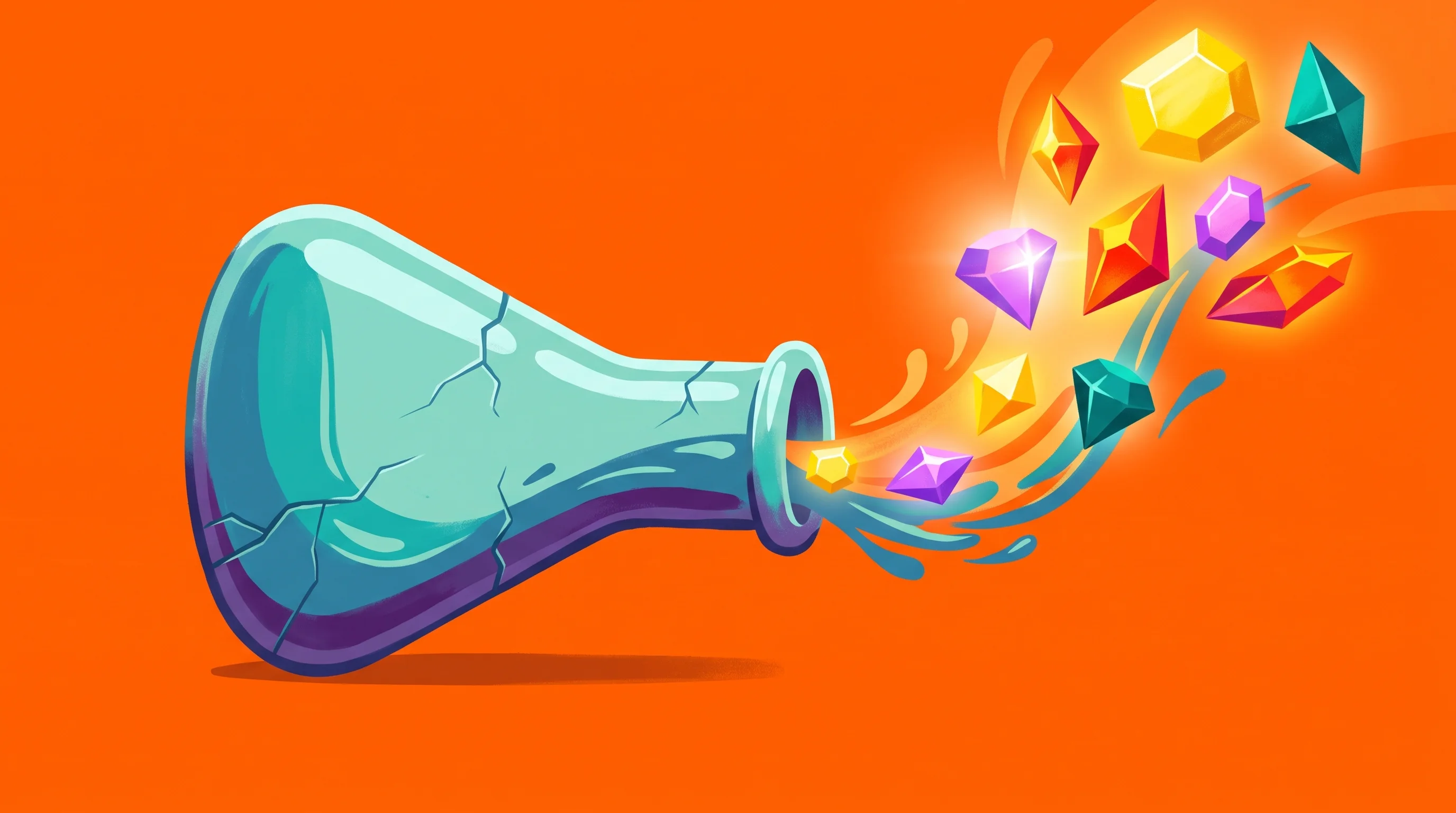 Digital illustration for article section "The Asset Hiding in Plain Sight" in "AI Mines 'Failed' Experiments to Accelerate Materials Discovery" - A minimalist and dynamic conceptual illustration of a stylized, slightly cracked laboratory flask ti...