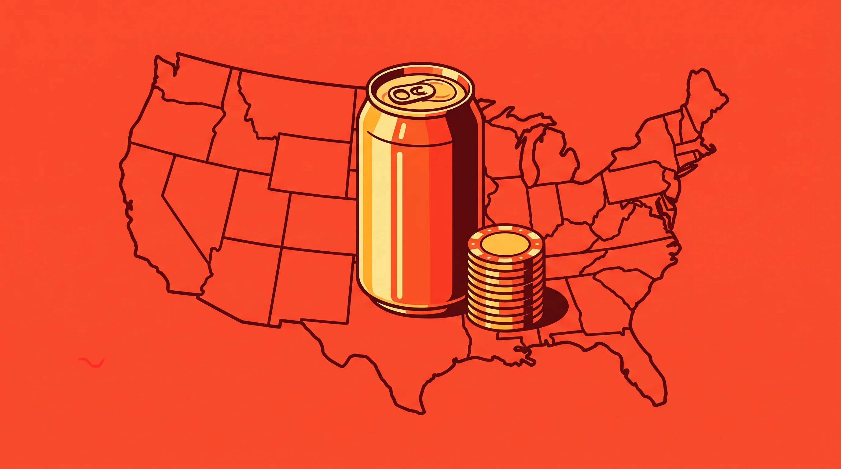 Digital illustration for article section "The American Gamble" in "How Reformed Coffee Hit $70M Revenue With Just 14 People" - A clean, minimal conceptual illustration featuring a sleek, modern functional beverage can placed bo...