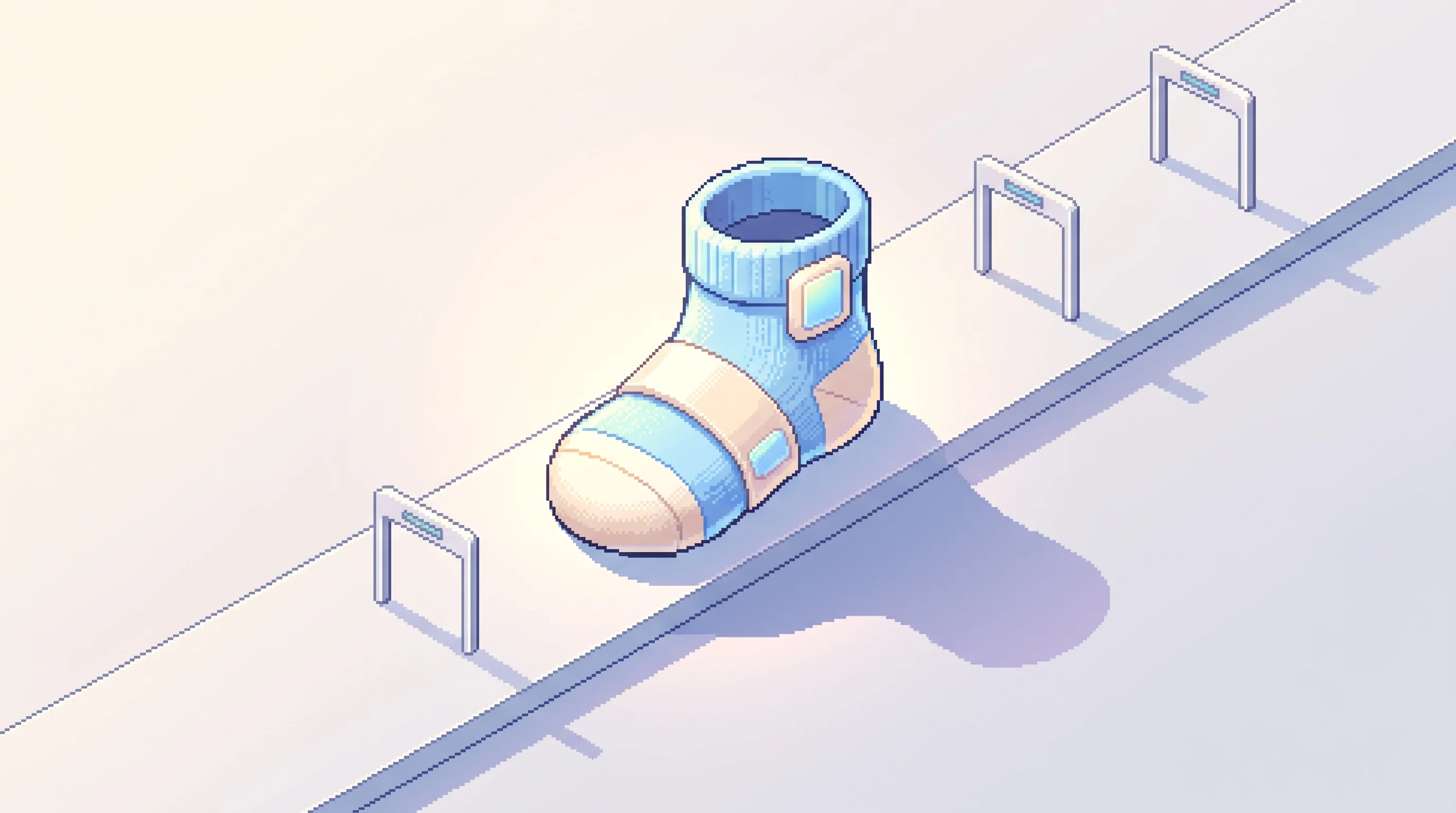 Digital illustration for article section "Owlet's Shadow, and Everyone Else's Moves" in "Woddle Raises $5M to Scale AI Baby Monitor from Consumer to Clinical" - A soft, modern infant wearable monitor shaped like a small fabric ankle sock resting on a clean, min...