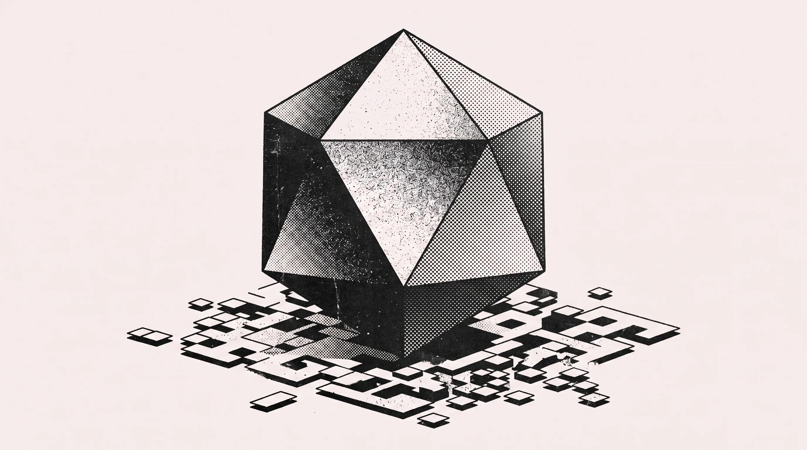Digital illustration for article section "The Technical Bet: Geometry Over Pixels" in "Sancho Raises $7M to Build 'Physical API' for Manufacturing Robots" - A striking, minimal conceptual illustration representing a "geometry-first world model," featuring a...