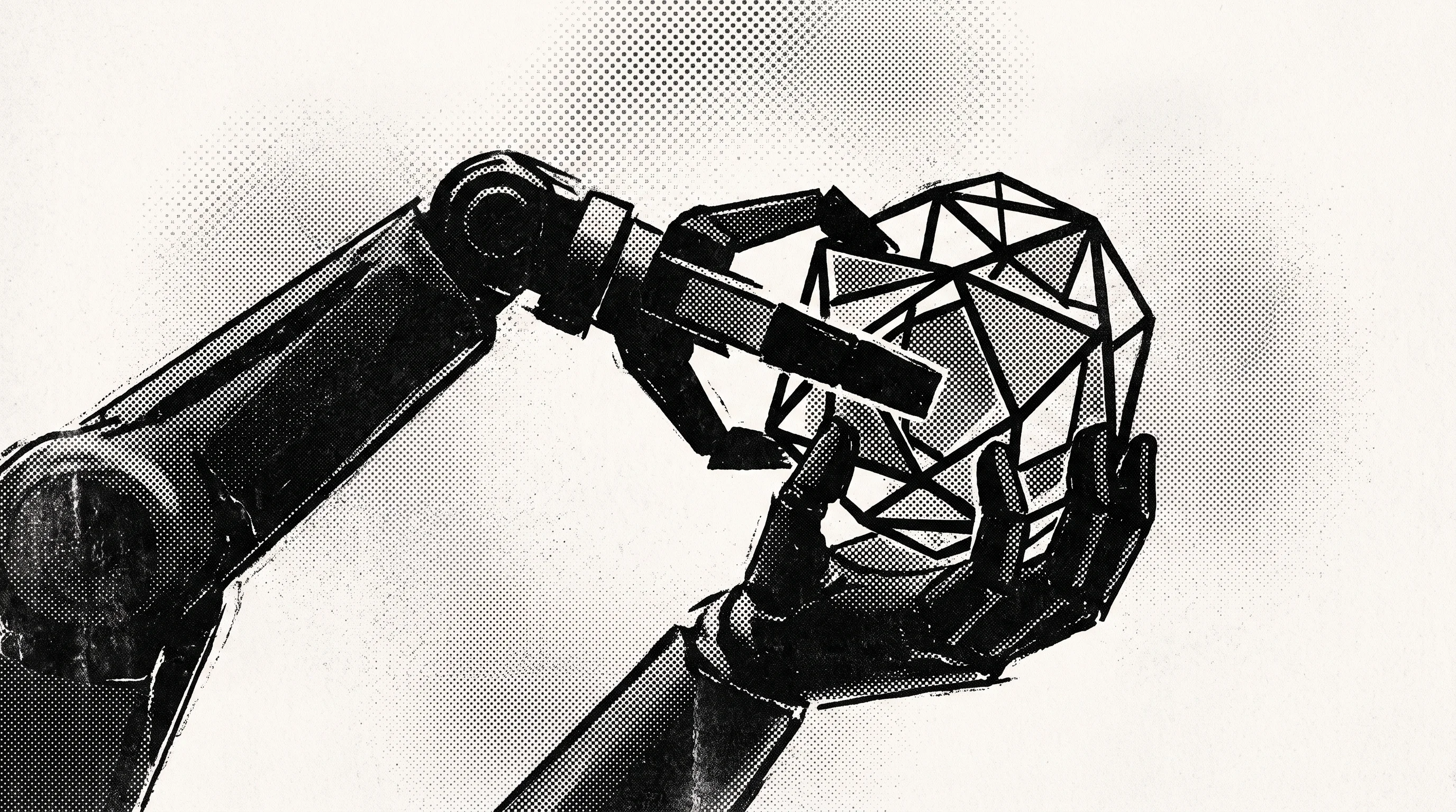 Digital illustration for article section "The Road Ahead" in "Sancho Raises $7M to Build 'Physical API' for Manufacturing Robots" - A conceptual, minimal illustration of a sleek, modern robotic manipulator arm carefully securing a s...