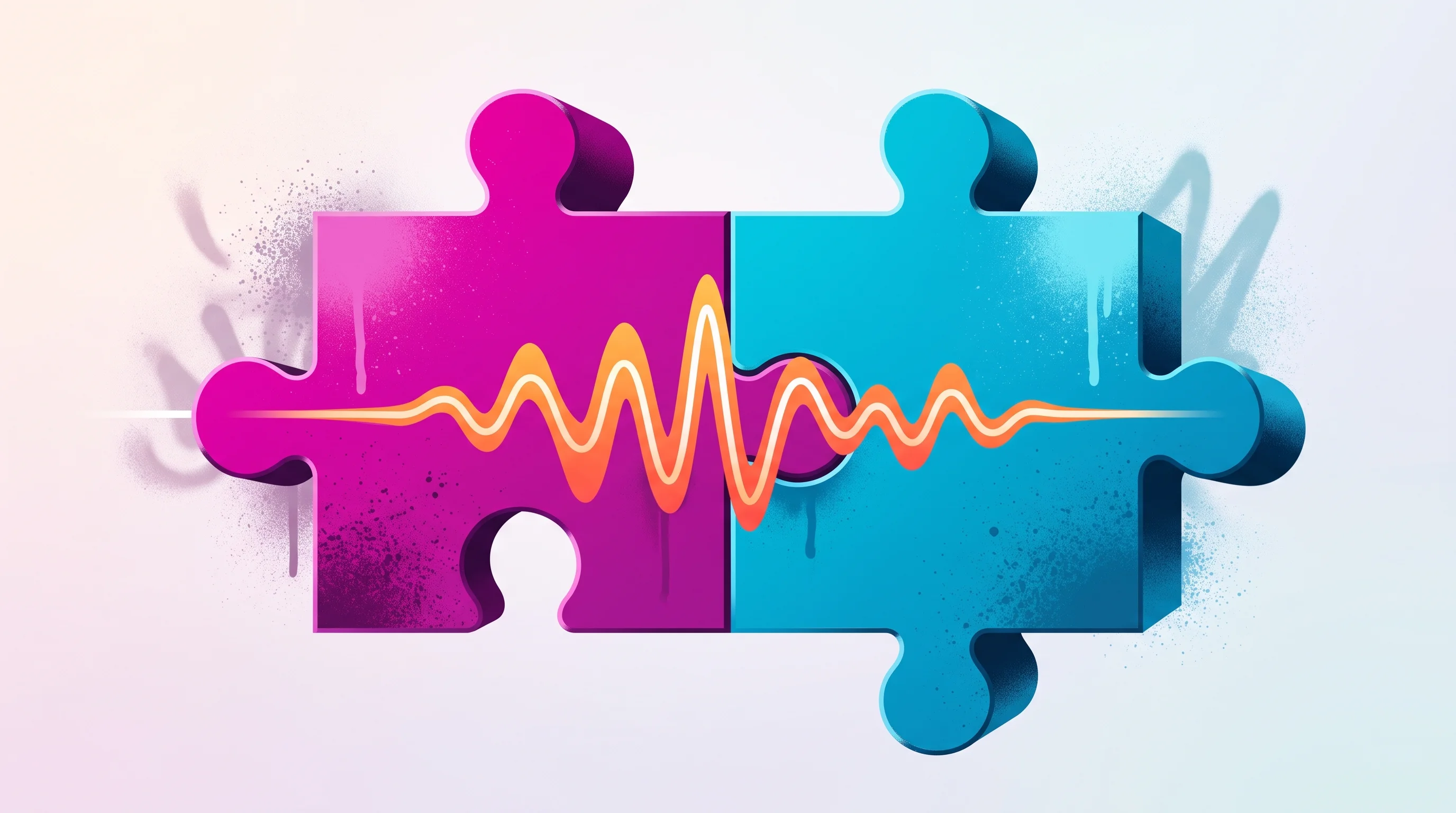 Digital illustration for article section "The Integration Puzzle" in "Rime Raises $24M Series A to Humanize Enterprise Voice AI" - A clean and minimalist conceptual image representing seamless platform integration, featuring two ov...